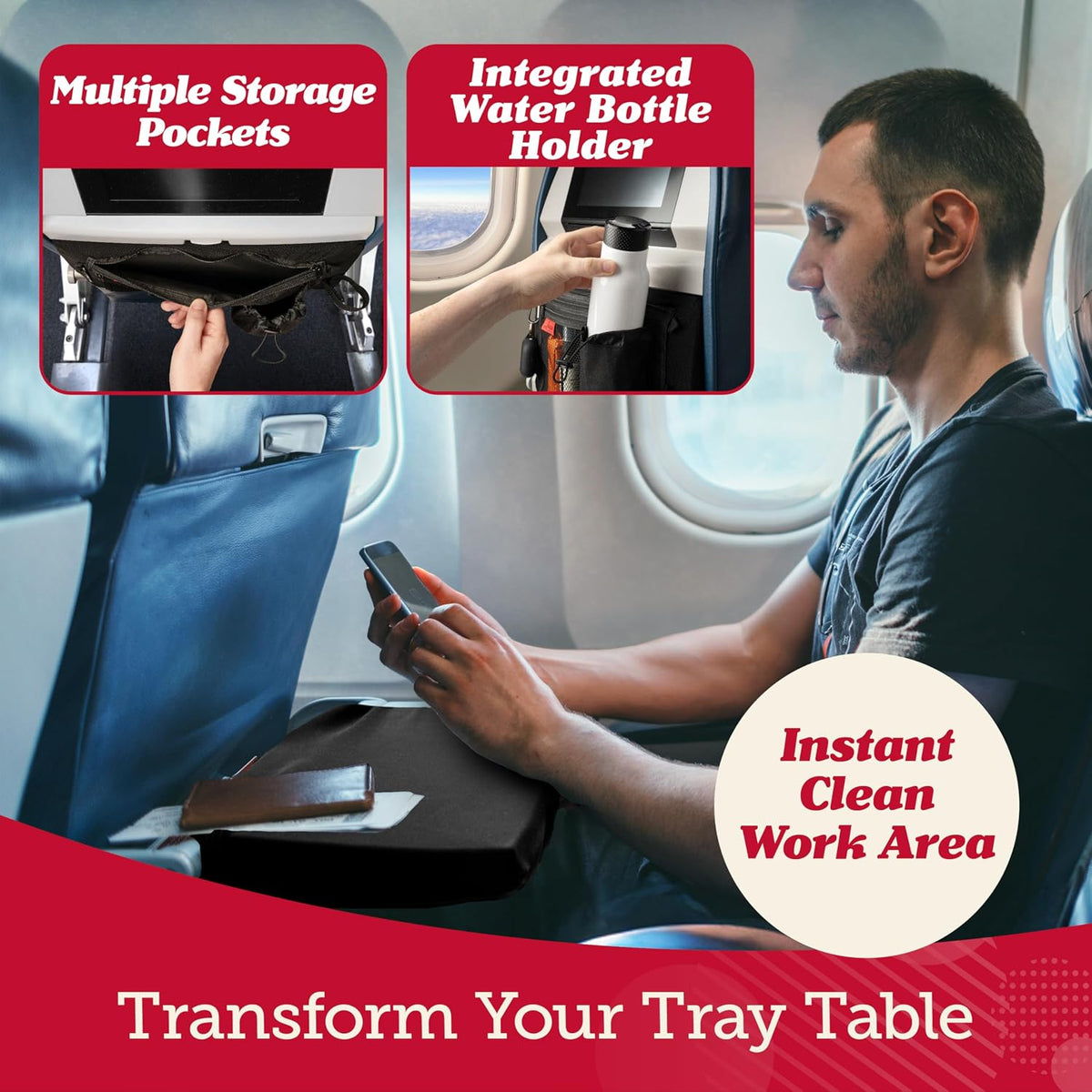 Lusso Gear Airplane Tray Table Cover with Pocket Storage - Sanitary Airplane Tray Cover - Seat Back Organizer for Personal Items - Airplane Travel Essentials for Long Haul Flights - Machine-Washable