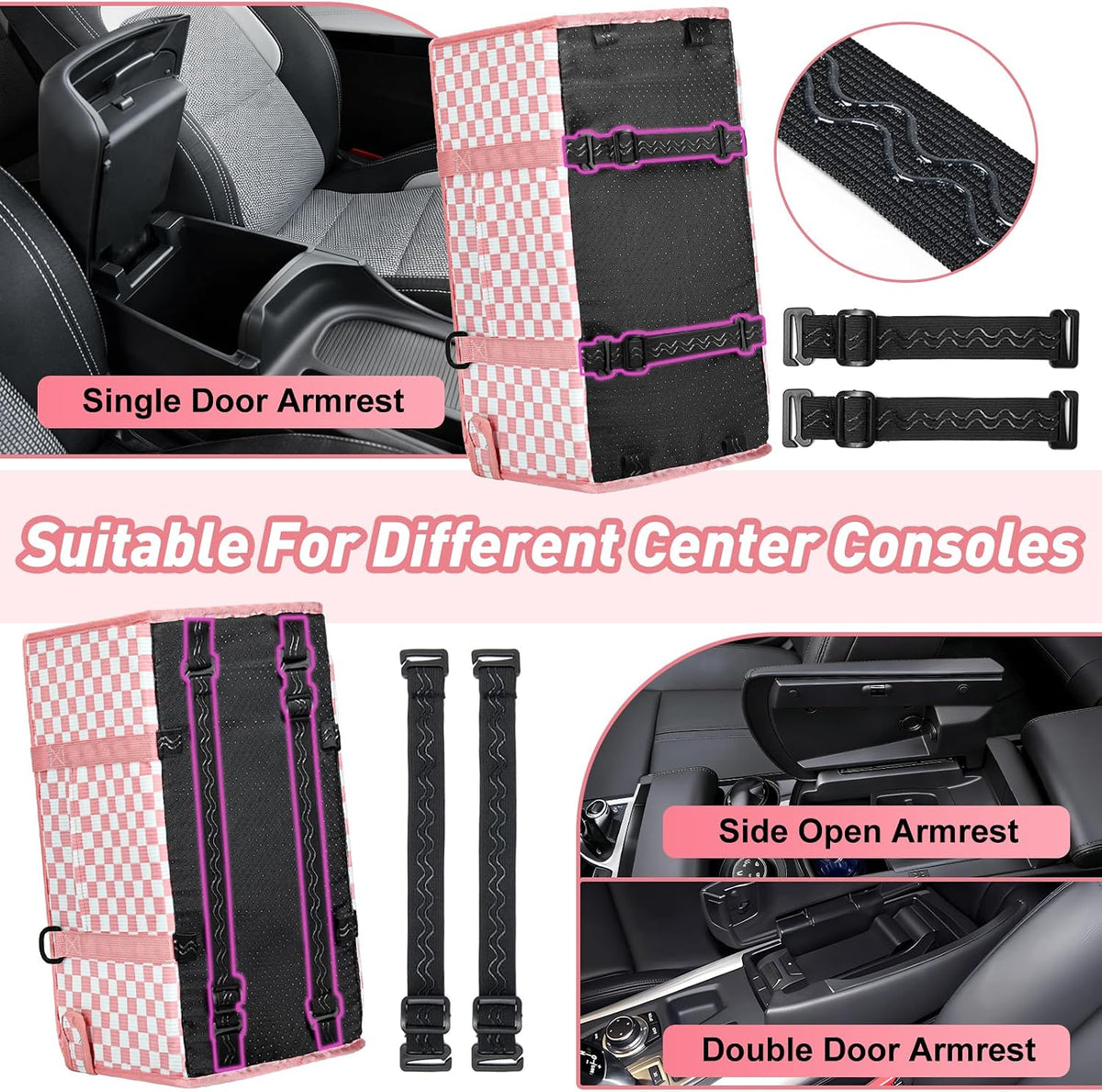 Console Dog Car Seat - Portable Dogs Armrest Booster Seat for Small Dog, Foldable Pet Car Seat with Safety Belt, Pink Checkered