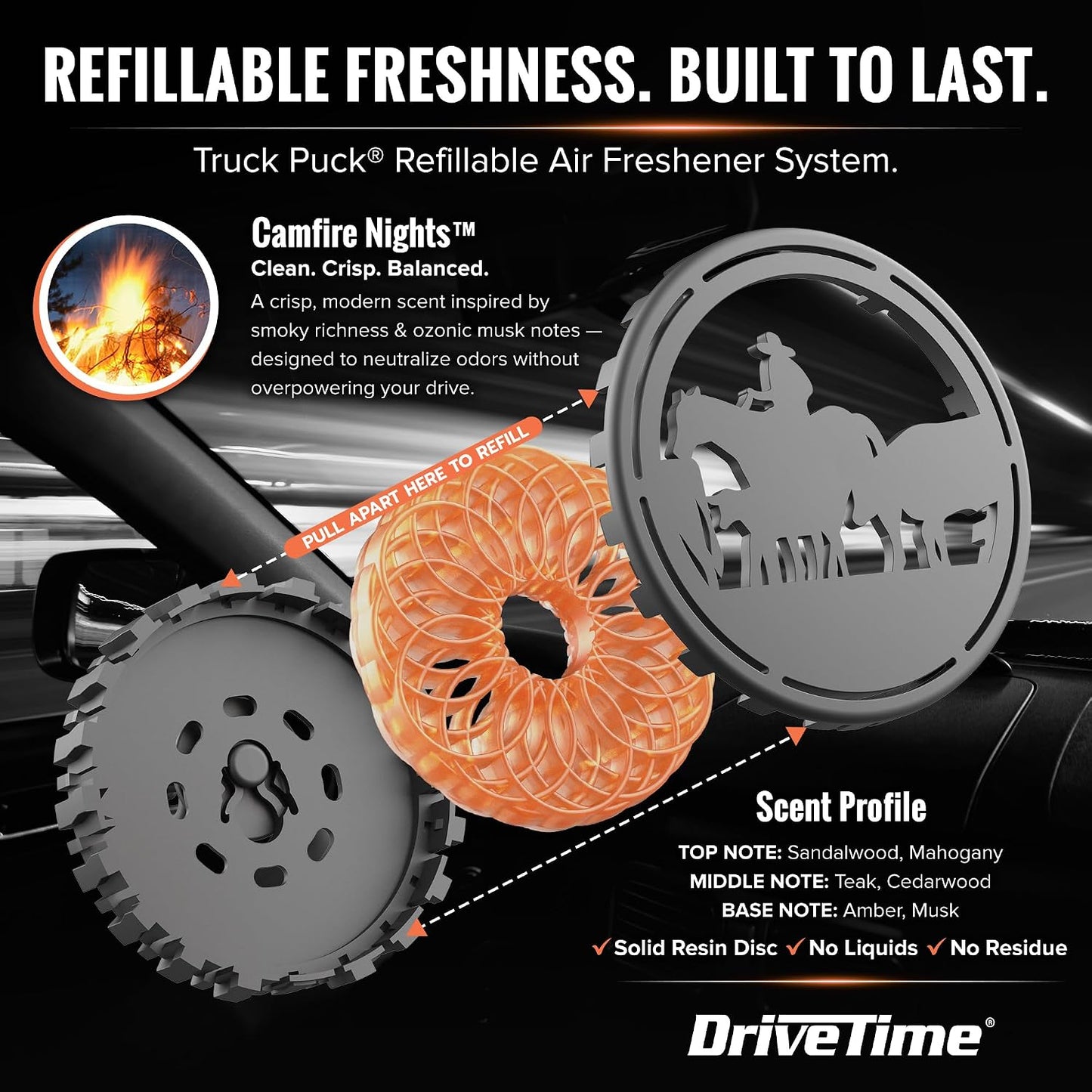 Drive Time Truck Puck Campfire Night Fragrancee Car Air Freshener – Long-Lasting Car Deodorizer, Refillable Vent & Visor Clip Auto Air Freshener for Car, Truck & SUV, Premium Fragrance, Pack of 3