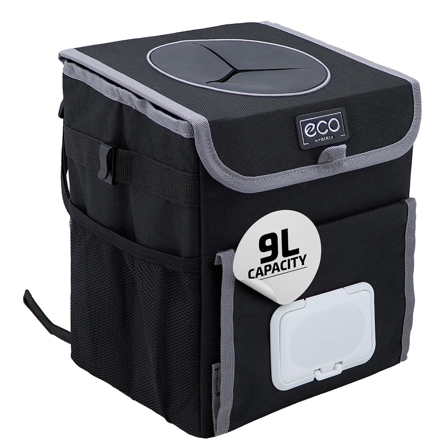 Eco Hygieia Leakproof Car Trash Can - Portable Hanging Car Garbage Can with Adjustable Elastic Strap, Wipes &amp; Tissue Box Holder, Spillproof Opening, Mesh Pockets, Waterproof Lining