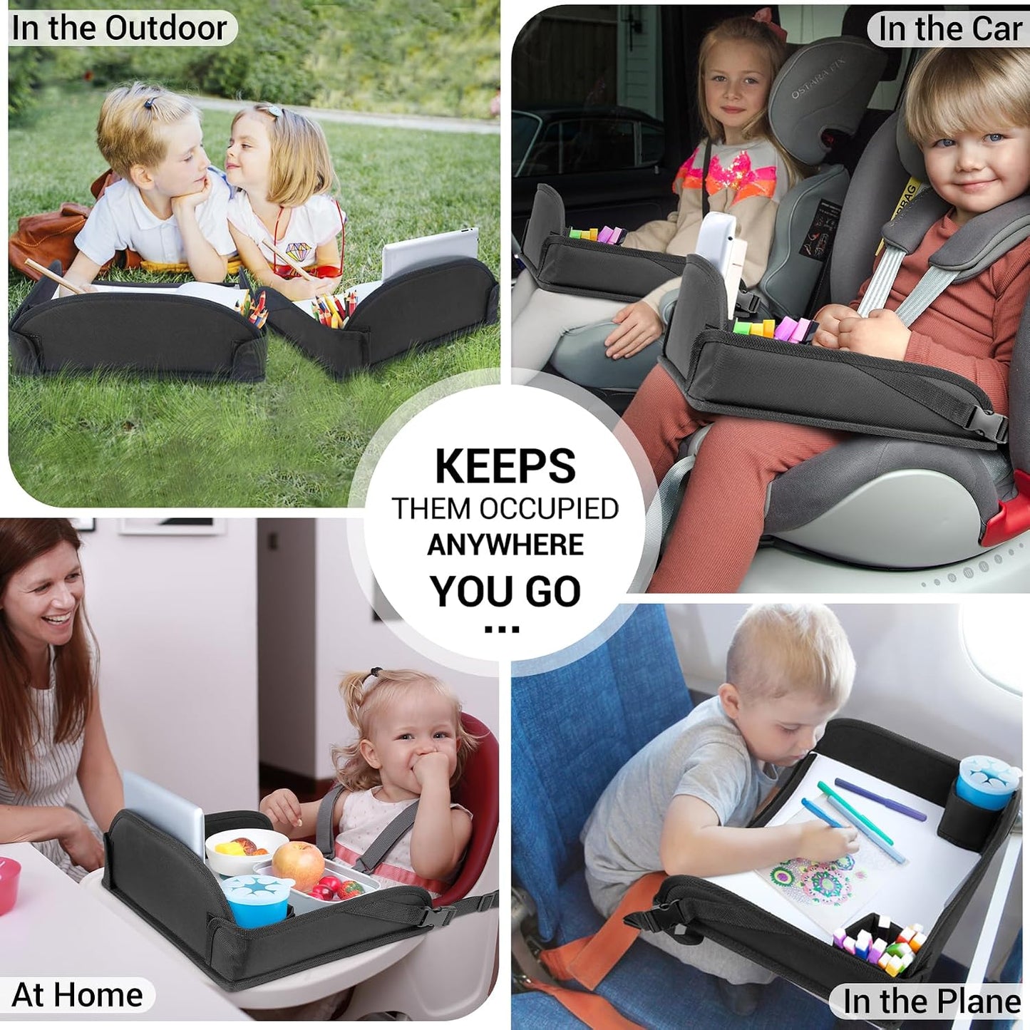 COOLBEBE Kids Travel Tray for Toddler Car Seat, Travel Tray for Airplane, Toddler Car Seat Lap Tray, Carseat Table Tray for Kids Travel Activities (Black -2PCS)