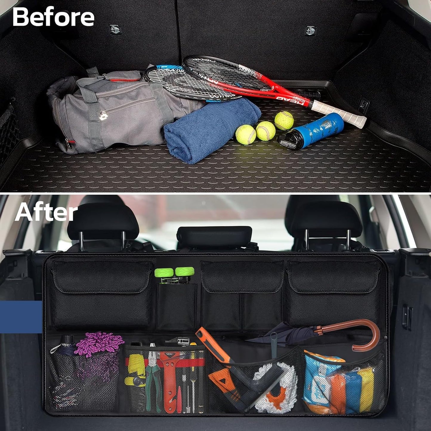 Car Trunk Organizer with Lid, SUV/Truck Compatible, Large Capacity, 6 Pockets &amp; 3 Mesh Pouches