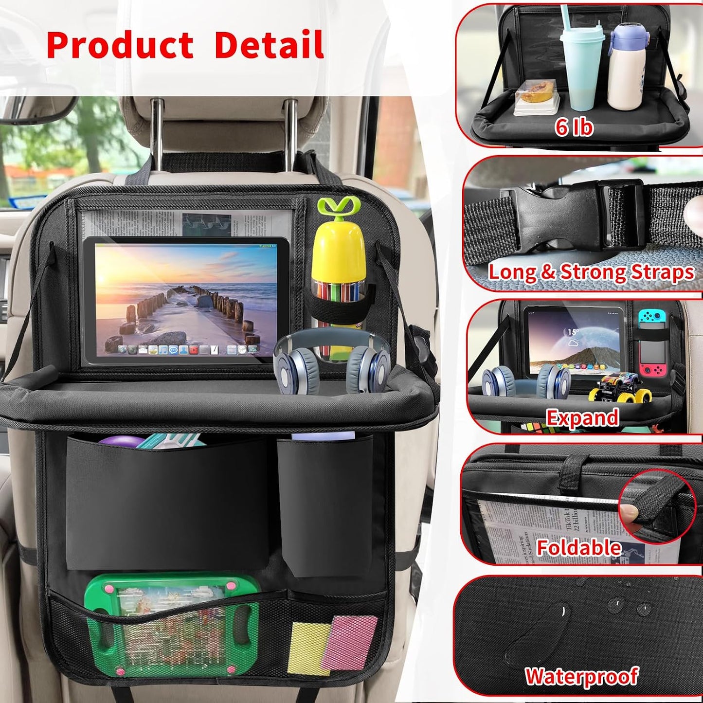 Car Backseat Organizer with Tablet Holder, 6 Storage Pockets Foldable Table Tray Seat Back Protectors Kick Mats Travel Accessories, 2 Pack Black
