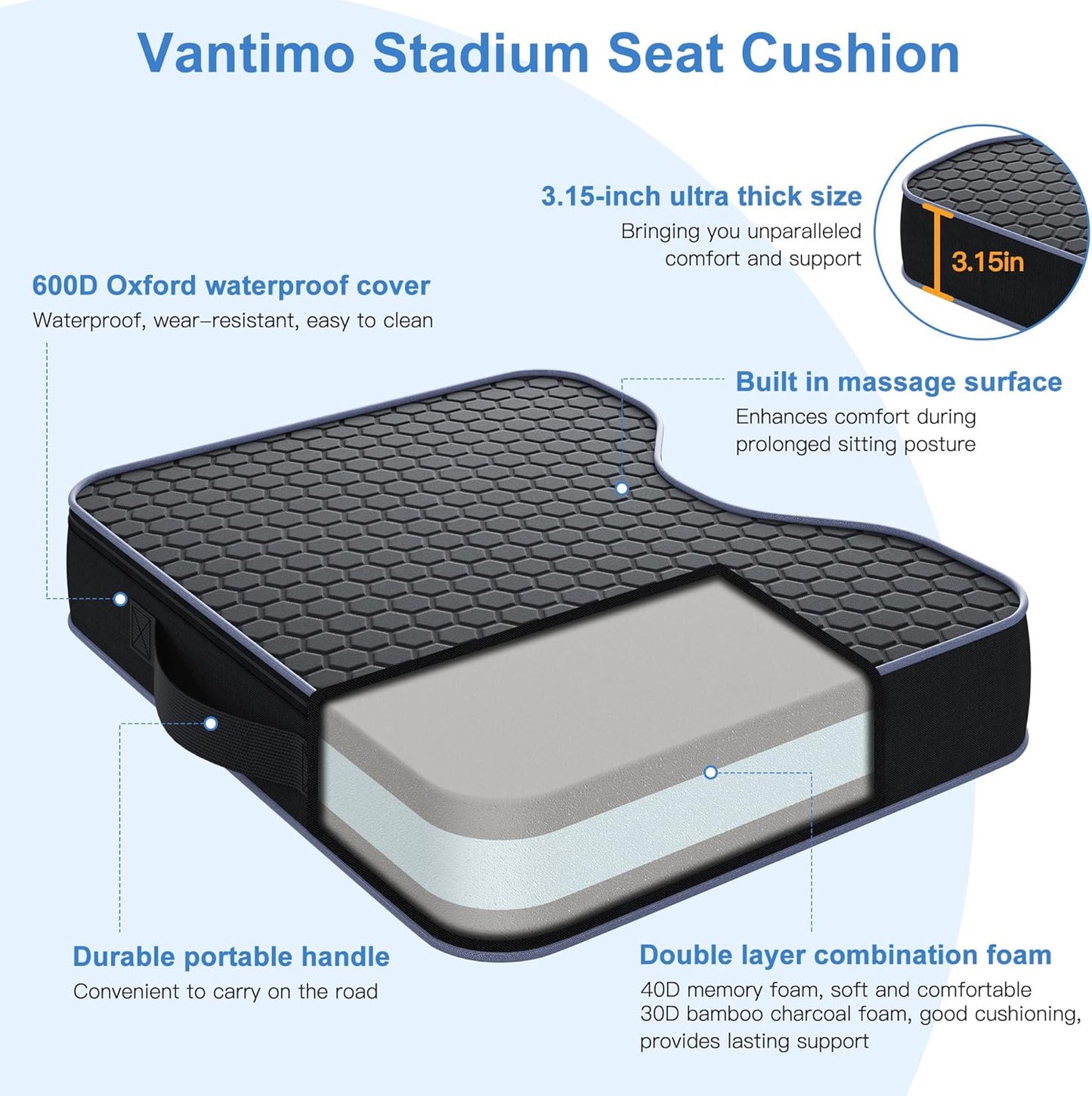 Stadium Seat Cushions for Bleachers 2 Pack - 3.15" Extra Thick Portable Bleacher Seats with Memory Foam & Massage Dots, Comfortable Waterproof Outdoor Chair Pads for Sporting Events, Travel, Camping