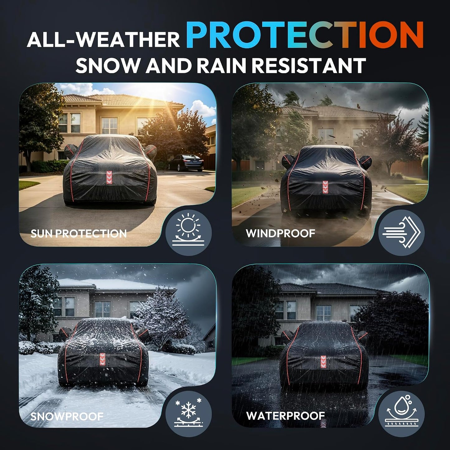 Car Cover Waterproof All Weather, 8-Point Fastening for Sedans 186-193 in | 8-Point Fastening, 120s Quick Setup, 600D Oxford Fabric, All-Weather Protection