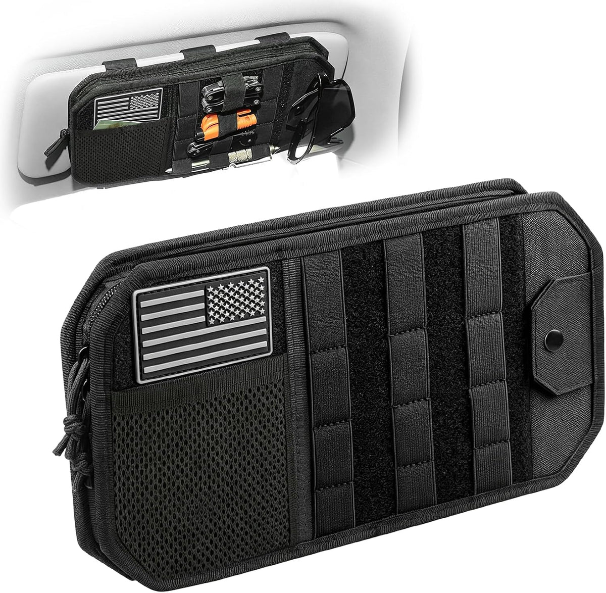 MOLLE Car Sun Visor Organizer, Multi-Pocket Storage Pouch with Zippered Compartment, Sunglasses Holder and Clear Window, Universal Visor Storage Bag for Cars, Trucks and SUVs (Black)