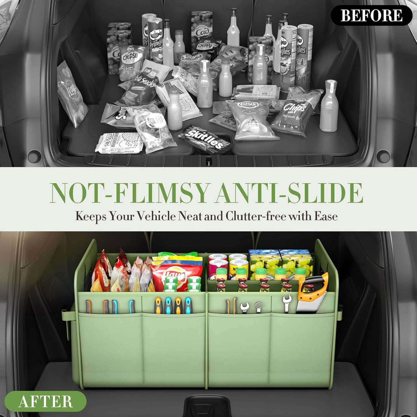titiyiof Trunk Organizer For Suv & Sedan,Car Organizers and Storage, Waterproof Collapsible & Adjustable Straps,70L Sturdy Car Organization for Car Accessories, Tools,Sundries,2-3Compartment（Green