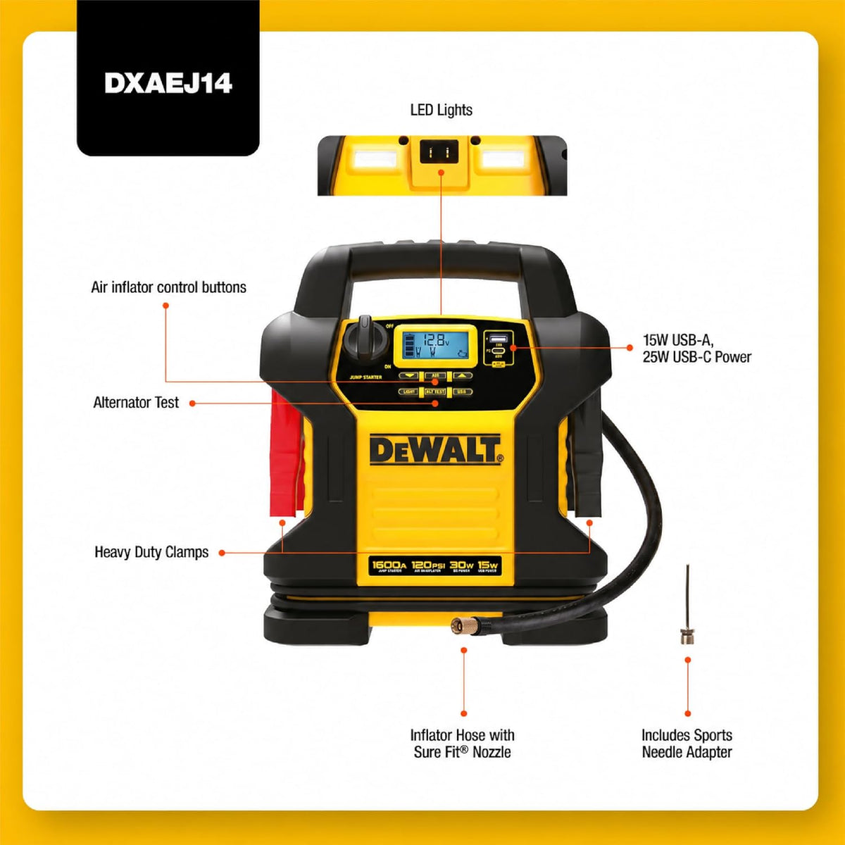 DEWALT DXAEPS14 2000 Peak Amp Jump Starter with 120 PSI Air Inflator