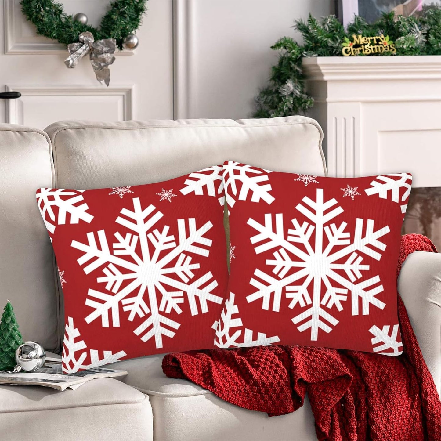 JOOCAR Christmas Pillow Cover 24x24 inch Set of 2 Beautiful Snowflakes Print Throw Pillow Cover Farmhouse Xmas Decor Winter Holiday Cushion Case for Sofa Couch
