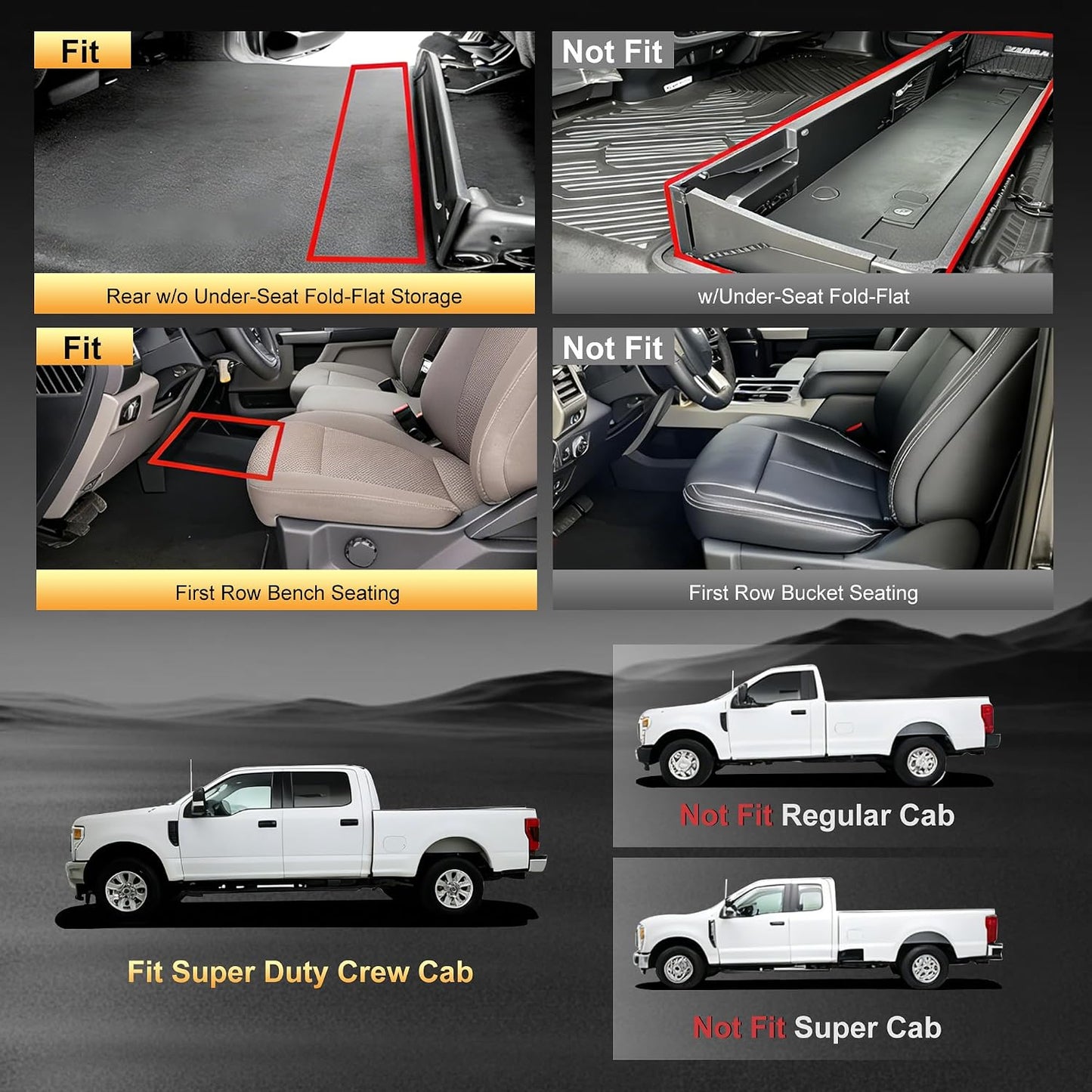Floor Mats Fit for Ford F250 F350 F450 2017-2025 2026 Super Duty Crew Cab Front Bench Seat | Rear w/o Under-seat fold-Flat Storage Carpet Floor Super Duty All Weather Protector TPE Car Floor Liner