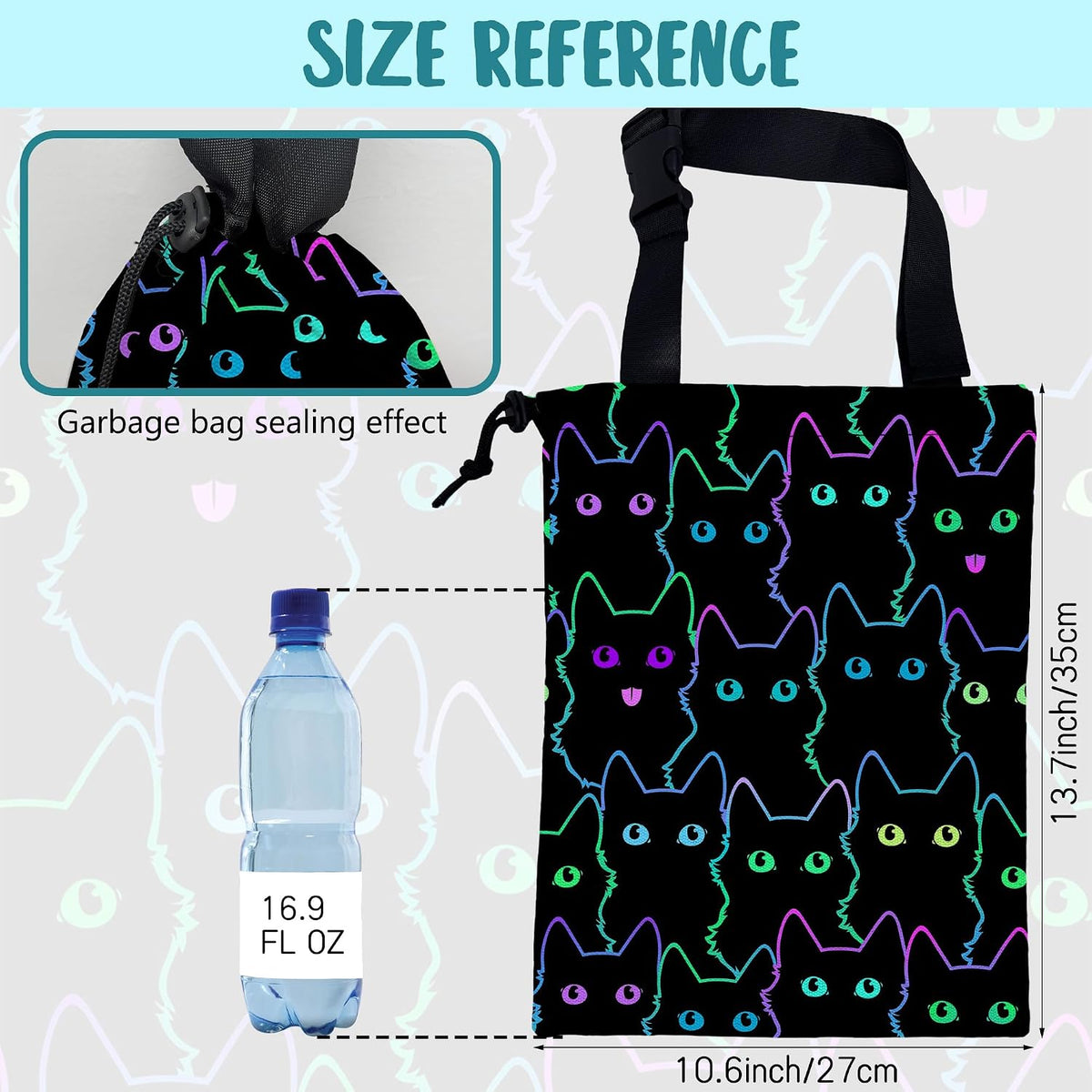 Car Trash Bag Cute Neon Cartoon Cat Leak-Proof Waterproof Car Garbage Bag with Drawstring Foldable Canvas Trash Bin with Adjustable Buckle for Car Accessories, Travelling, Camping