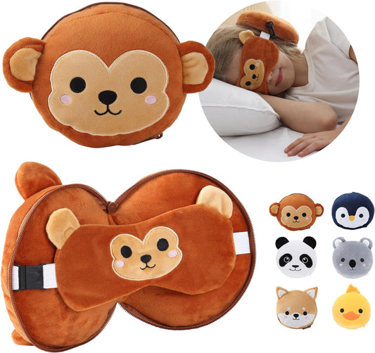 ecoZen Lifestyle Travel Pillow Set with Eye Mask - Comfort for Traveling Kids - Soft and Supportive Kids Sleep Mask Neck Pillow for Plane, Car, or Train Journeys - Monkey Design