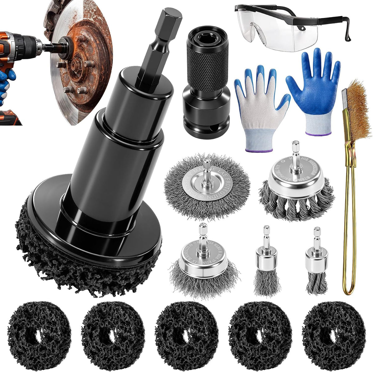 ACOCO 1/4" Hex Shank Wheel Hub Cleaning Tool and Wire Brush Set, 16pcs