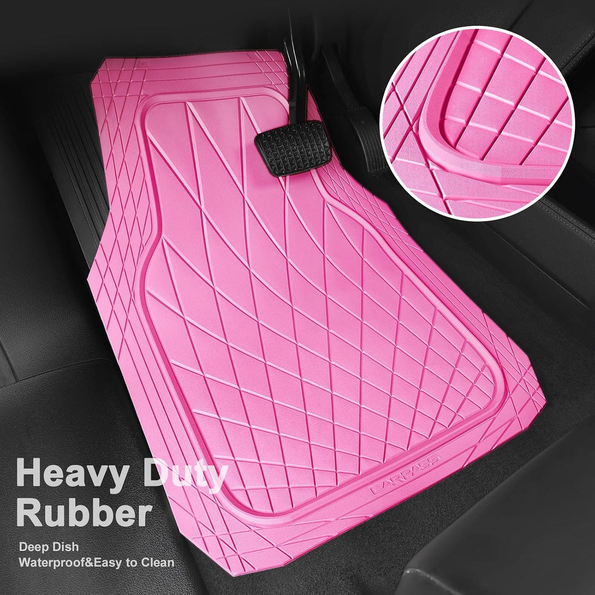CAR PASS Heavy Duty Rubber Car Floor Mats, Deep Dish All Weather Car Mats Full Set, 3 Piece Waterproof Premium Anti-Slip Floor Mats Rugs Universal Trim to Fit for 95% Sedan SUV Van Truck, Pink