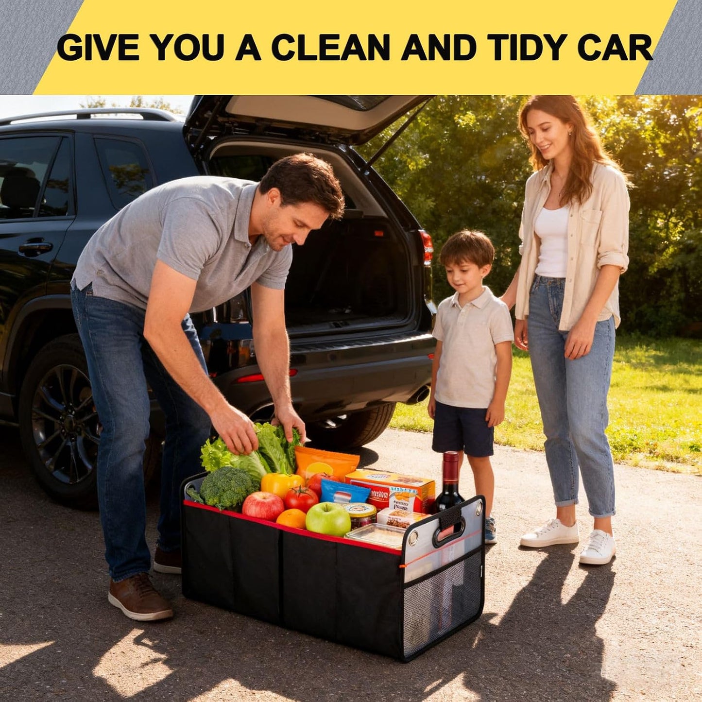 Car Trunk Organizer, Collapsible Auto Trunk Organizer Storage, Portable Grocery Cargo Container with Two Large Compartments for SUV, Vehicle, Truck, Home and Office