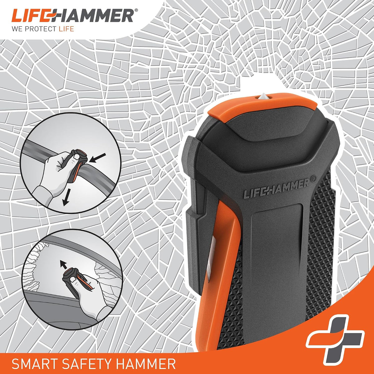 Lifehammer Smart Automatic – Window Breaker Seatbelt Cutter, Emergency Car Window Breaker for car Escape Tool, Anti-Slip Grip with Car Mounted Retail Pack (Orange-Black)