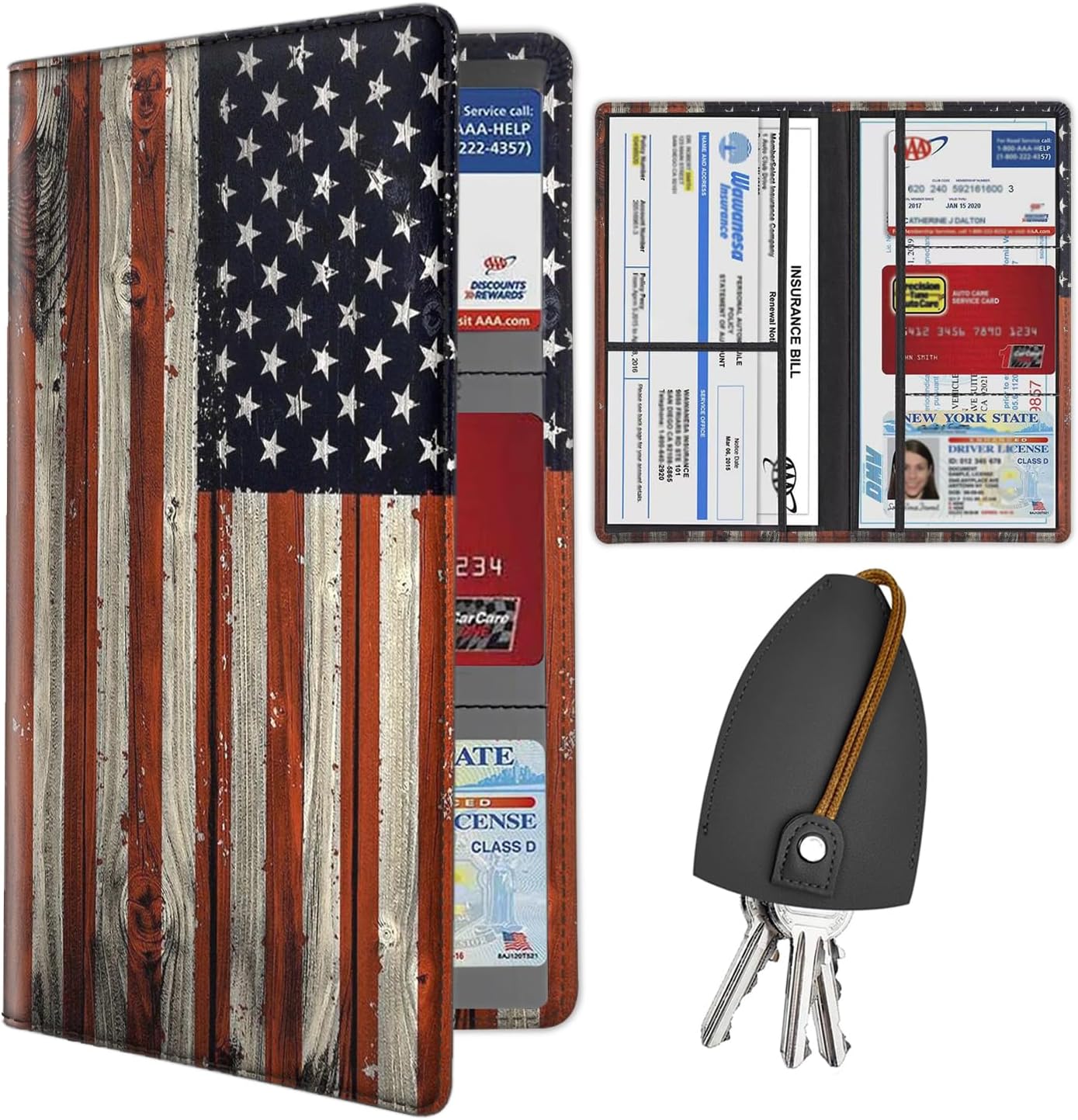 Car Document Holder with Magnetic Shut, PU Leather Car Registration & Insurance Card Holder for Driver License, Cards & Essential Documents, Vehicle Glove Box Organizer, American Flag Pattern
