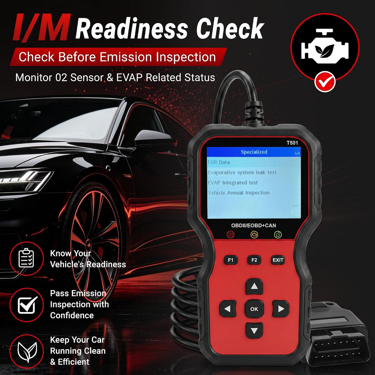 T501 OBD2 Scanner with Battery Tester, Check Engine Fault Code Reader