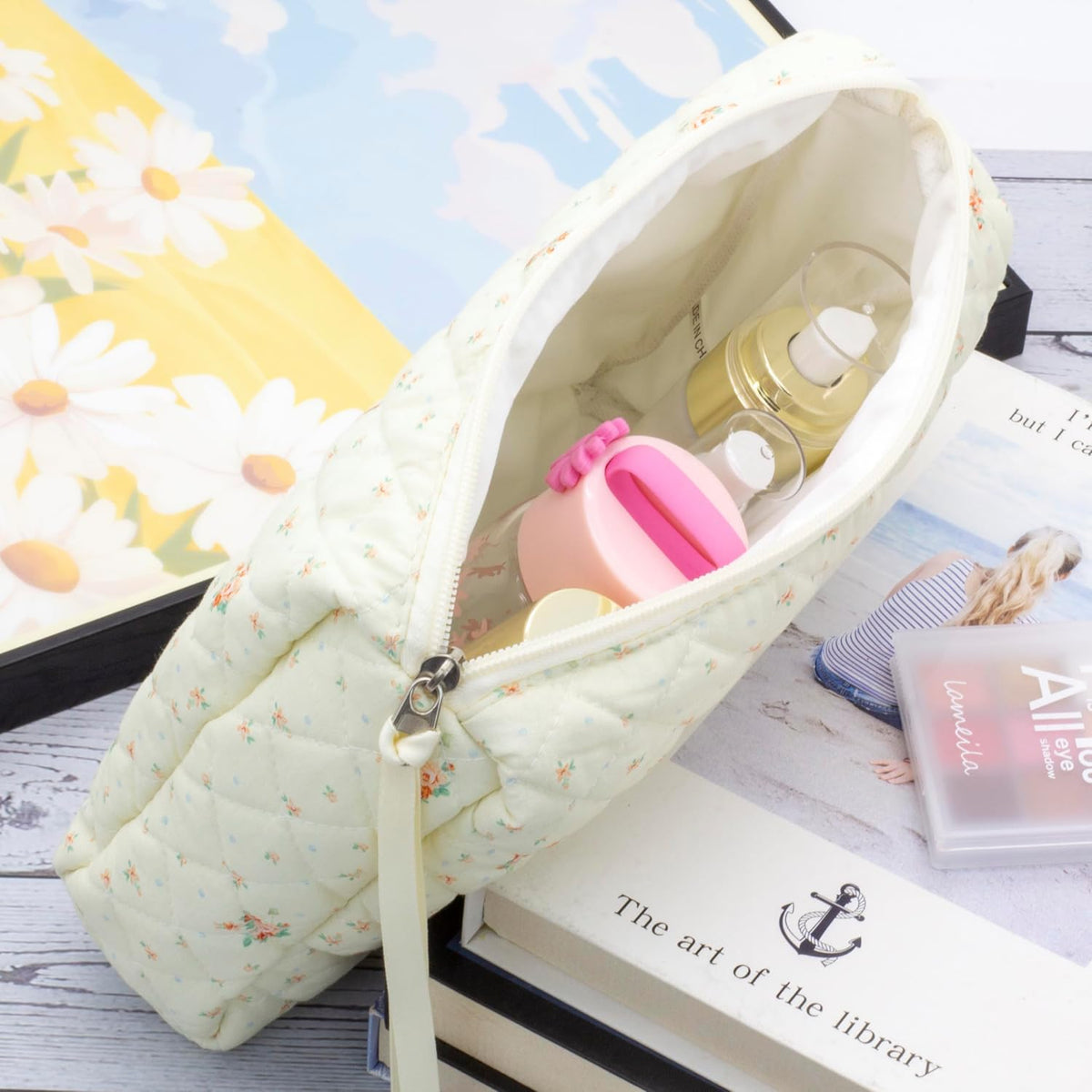 3 Piece Quilted Makeup Bag Set for Women,Cosmetic&Toiletry Bag,Floral White