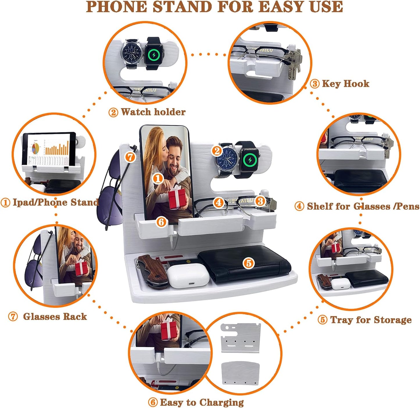 VEIYAILU Gifts for Women Girlfriend Him Men Dad Husband Boyfriend Nightstand Organizer Wood Phone Docking Station(White)