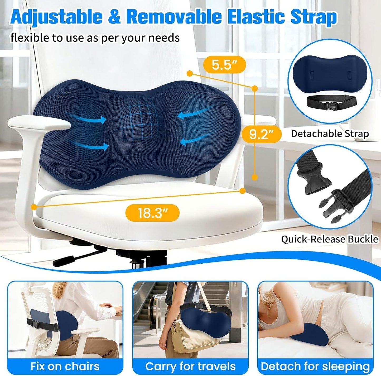 SweetSlubr Lumbar Support Pillow for Office Chair - Memory Foam Lumbar Pillow with Detachable Strap & Breathable Cover, Ergonomic Back Support for Office Chair, Car Seat Cushion, Bed Rest (Blue)