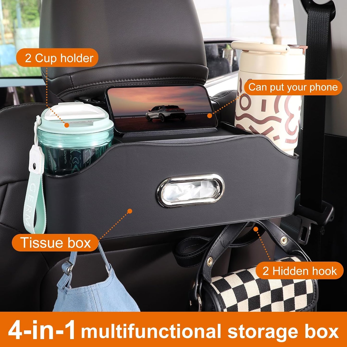 Back Seat Cup Holder for Car – Multifunctional Seat Back Organizer with Drink Holders, Tissue Box Storage & Hooks, Fits Headrest for Auto. Black