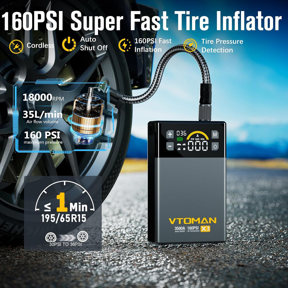 VTOMAN X3 Jump Starter with Air Compressor, 3500A Portable Car Jump Starter