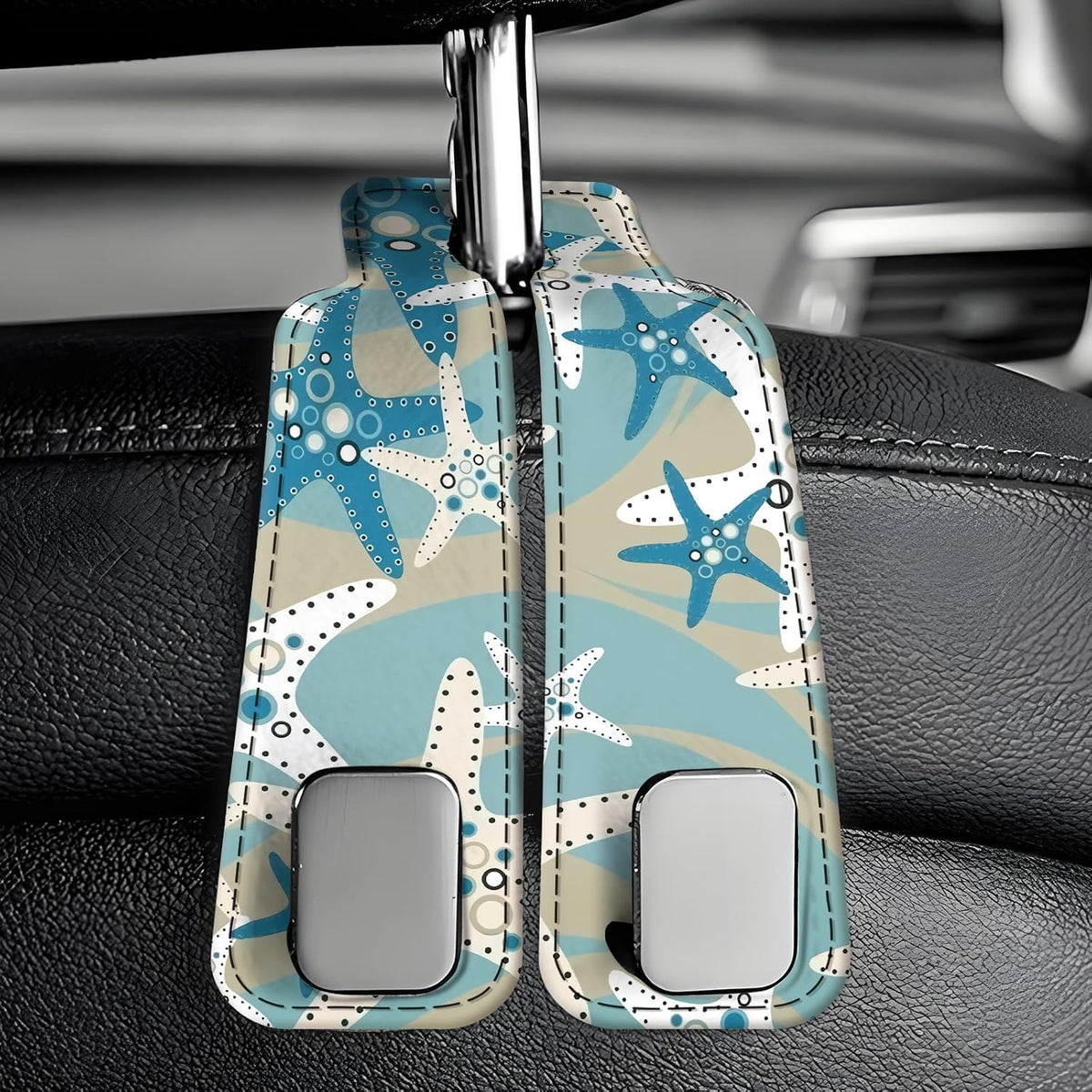Car Seat Back Storage Headrest Hook, 1 Pack Premium Leather Double Metal Hook, Hanger Storage Organizer for Purse Cloth Bag, Car Interior Accessories Cute Blue Seastar