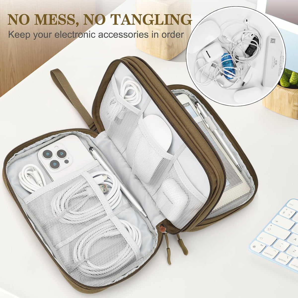 FYY Electronic Organizer, Travel Tech Pouch Bag, Large, Brown