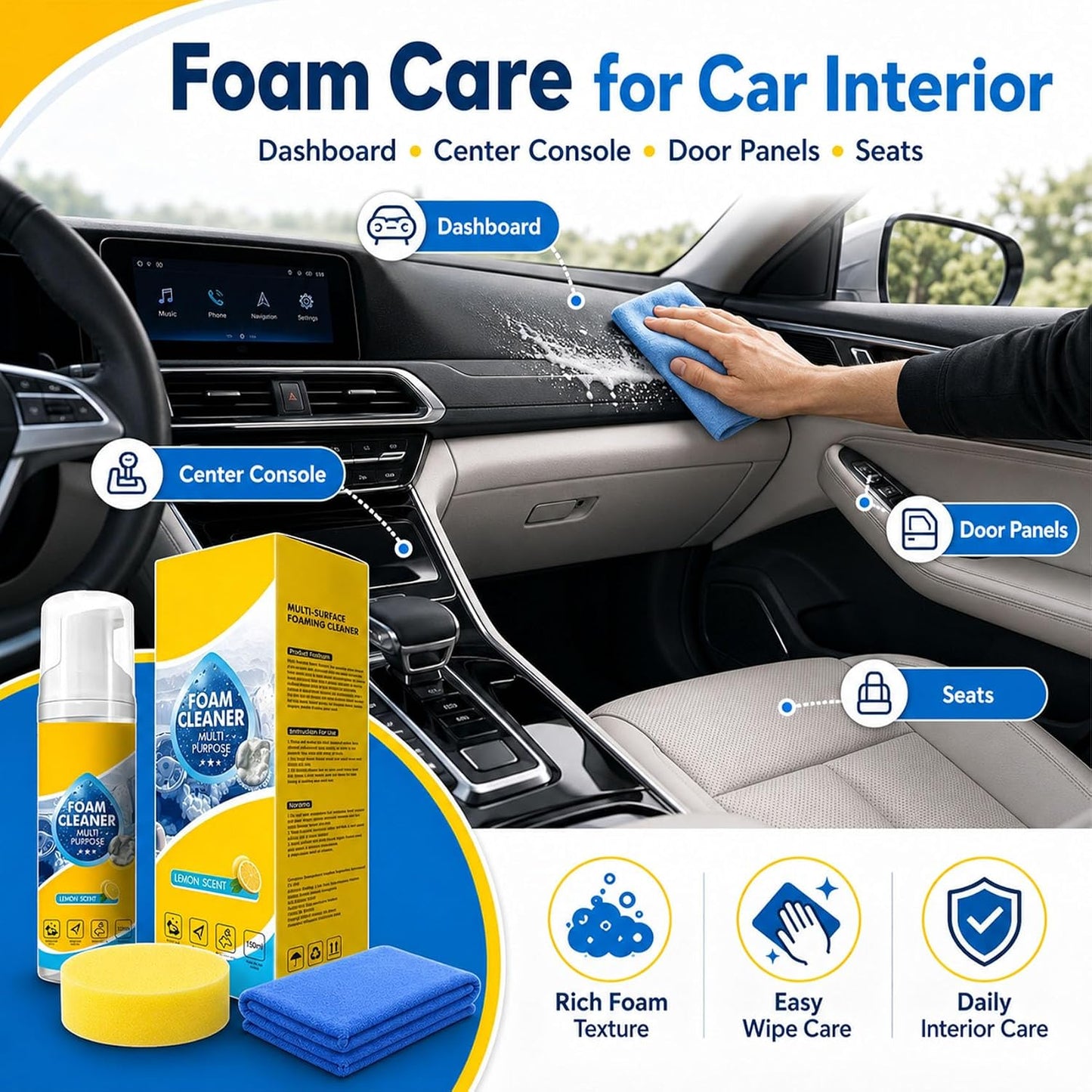 Lanenow Foam Cleaner All Purpose, Deep Cleaning Foam Cleaner for Car Interior, Dashboard, Seats, Kitchen, Bathroom Tile and Home Surfaces (1pcs)