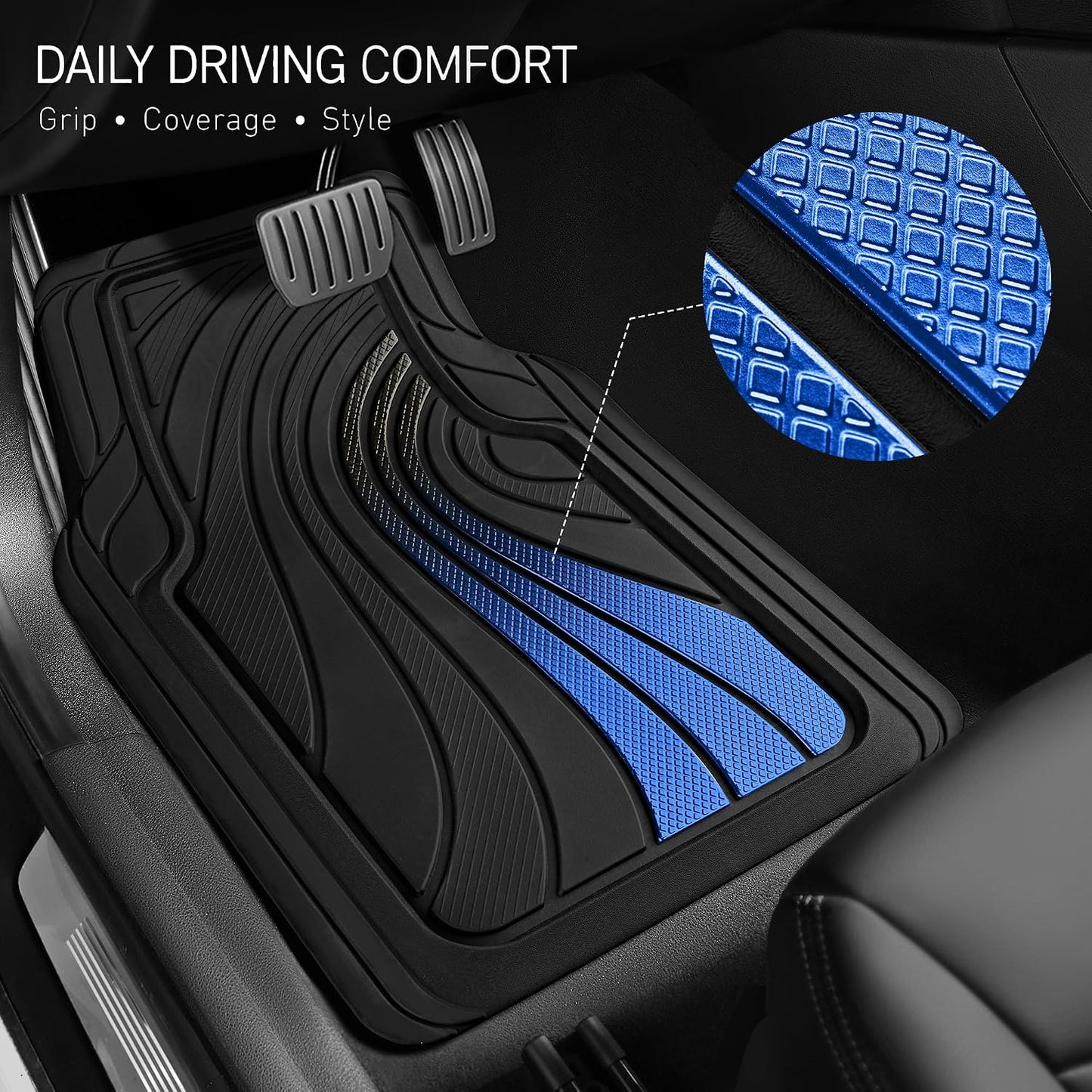 Road Comforts Car Floor Mats Full Set – Front & Rear Car Floor Mats with Aluminum Design, Anti-Slip Backing, All-Weather Protection, Trim-to-Fit Car Mats for Most Sedans, SUVs & Vans - - Blue