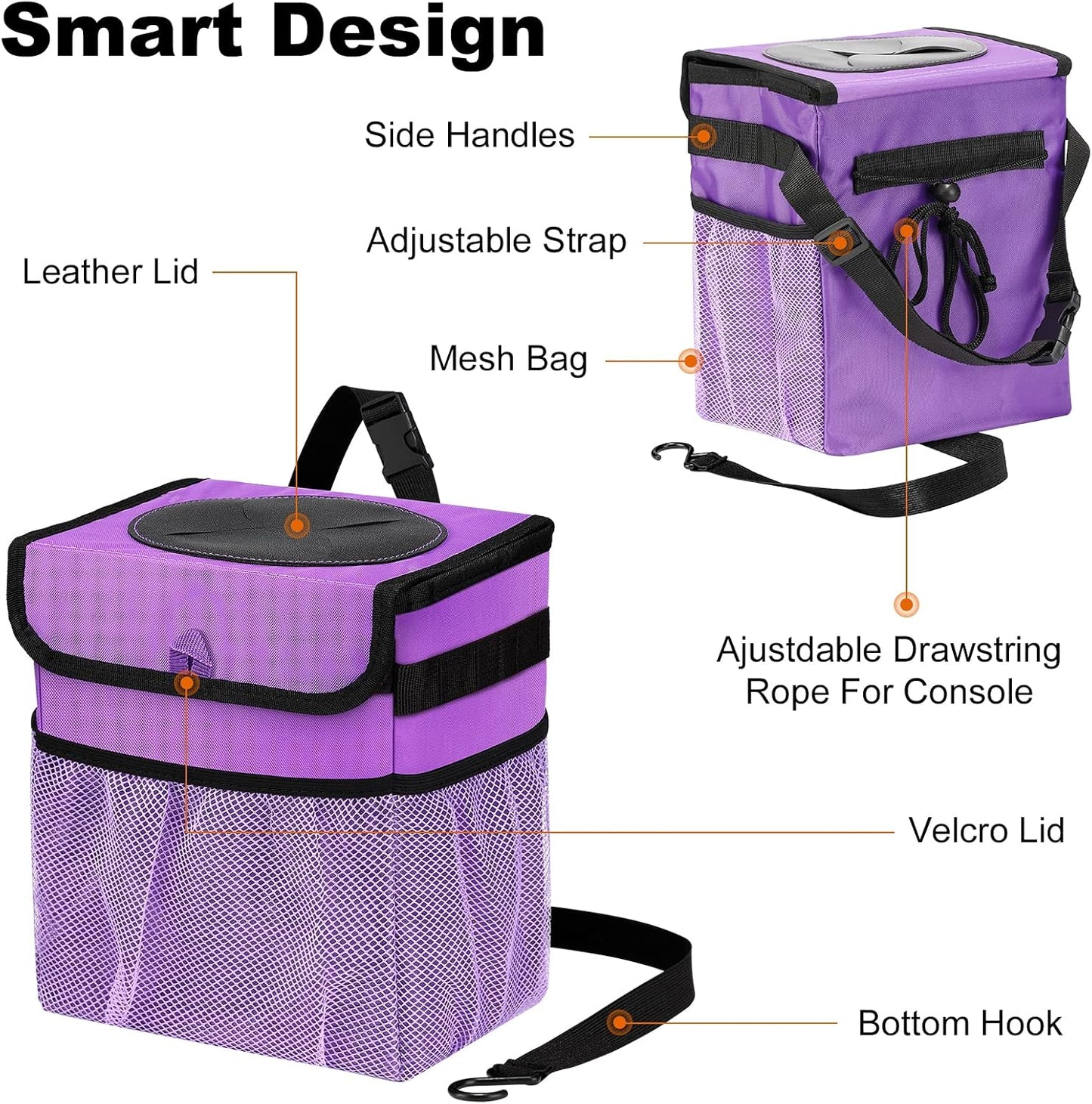 Car Trash Can Foldable Garbage Bin Leakproof 2.3 Gallons Car Trash Bag Purple