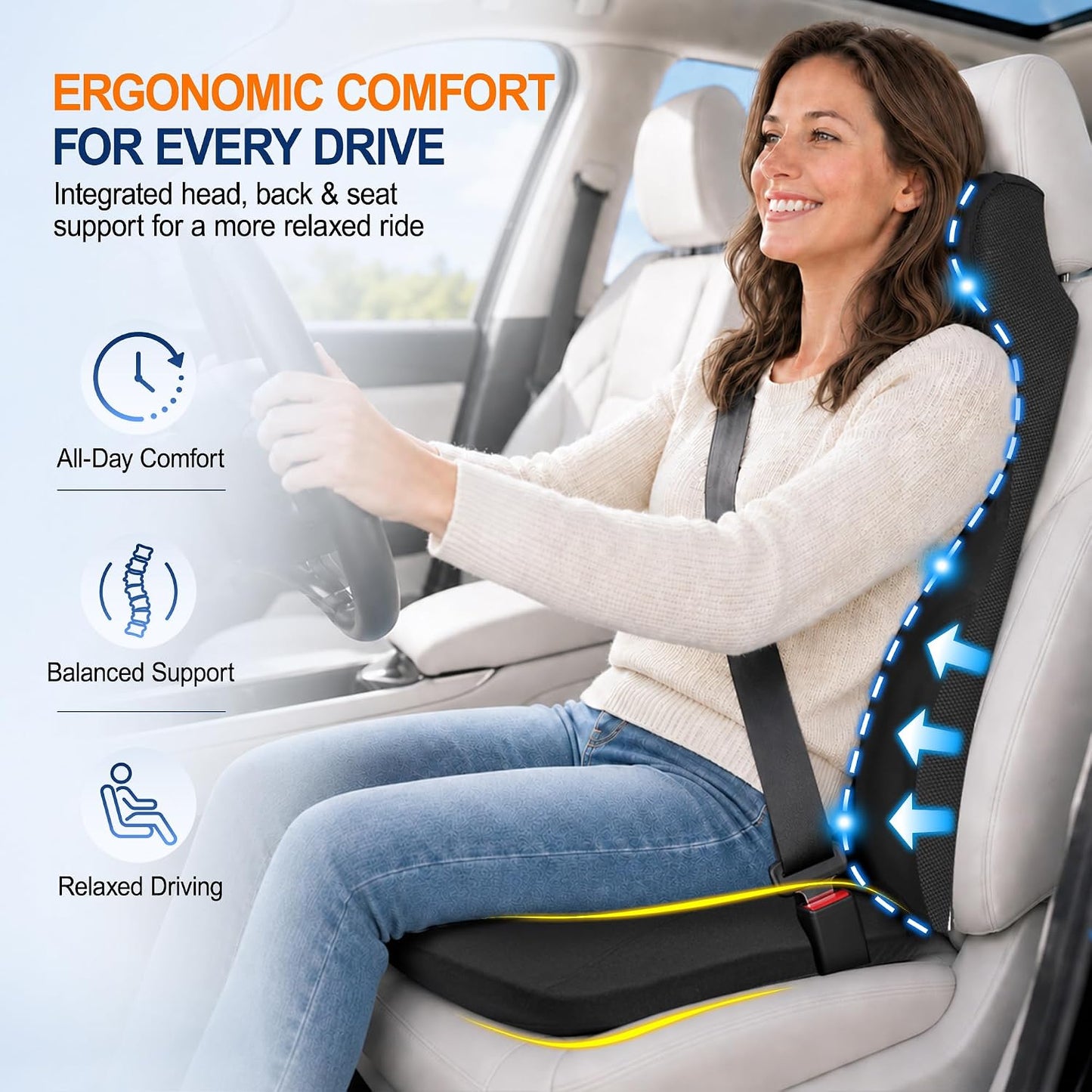 Allaboutsla 2 Piece Car Seat Cushion, Back Support with Car Headrest Pillow | 3-in-1 Memory Foam Car Seat Cushions, Car Lumbar Support with Car Neck Pillow, Seat Support for Long Driving, Trucks, Black