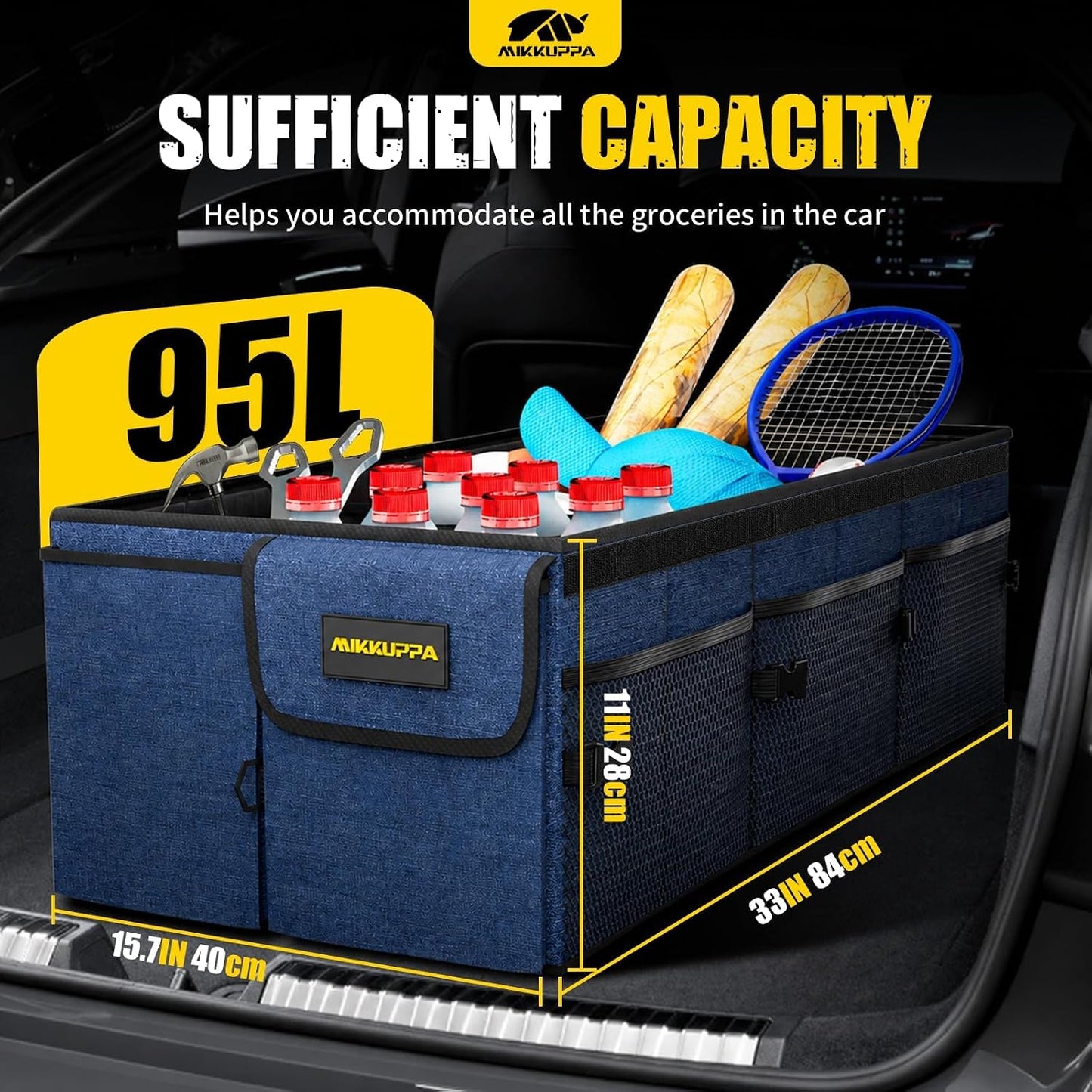MIKKUPPA Car Trunk Organizer - 95L Collapsible Trunk Organizer with Lid, Sturdy Car Storage for SUV Auto Truck Van with Adjustable Straps and Non Slip Bottom (Blue, XX-Large)