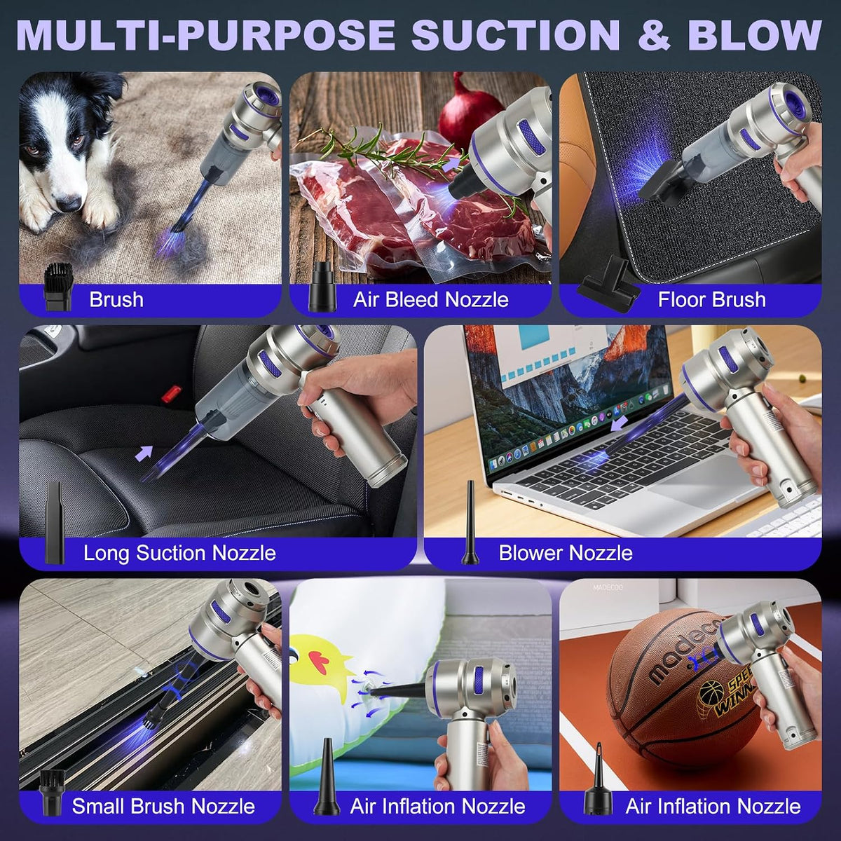 Handheld Car Vacuum Portable Cordless - 18000PA High Power with Brushless Motor, 4-in-1 Air Duster, Blower, Pump & Rechargeable Mini Vacuum for Car, Home, Office (Silver Grey+Blue)