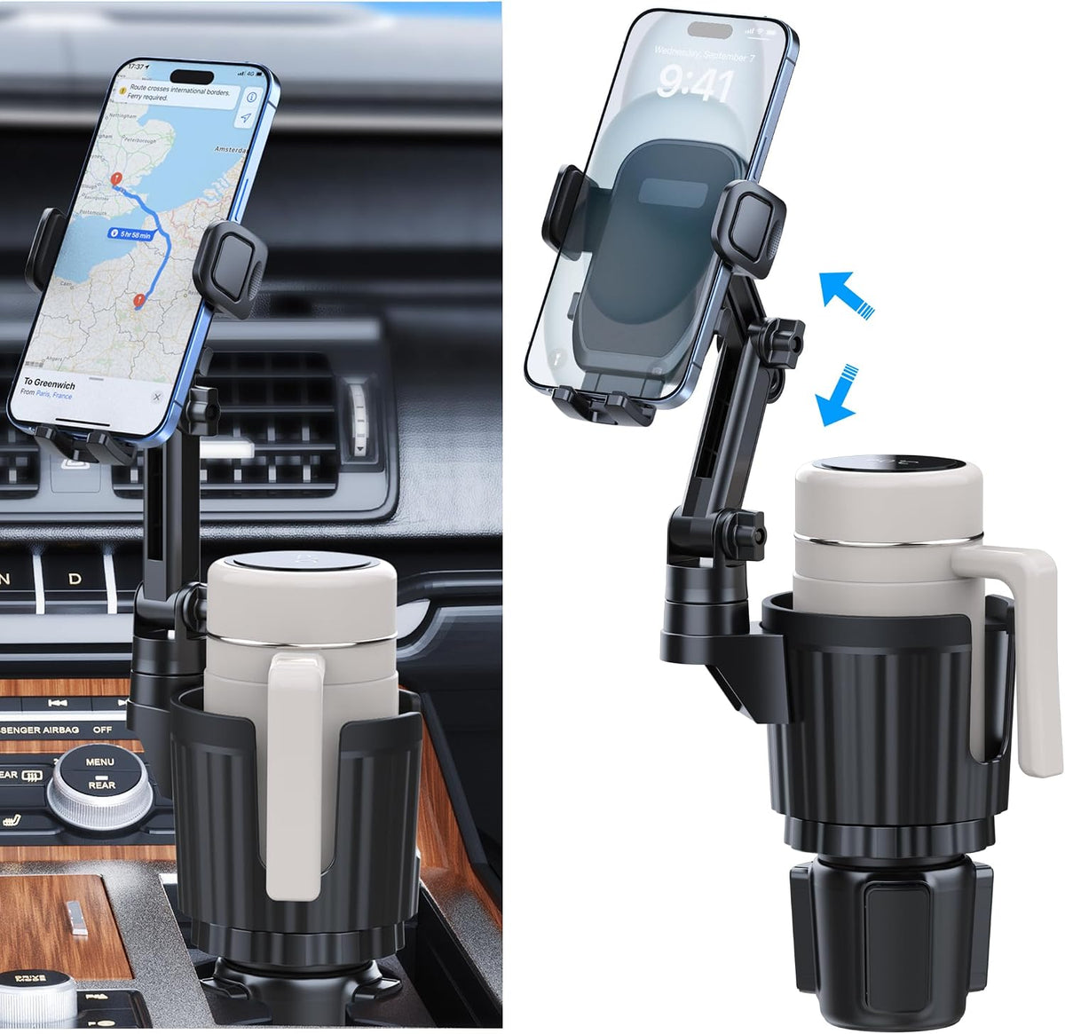Cup Holder Phone Mount, 2 in 1 Universal Cup Holder Expander with Long Arm 360°Rotation Cup Phone Holder for Car Fits All 4-7” iPhone Galaxy Smartphones and Most Truck Bottles