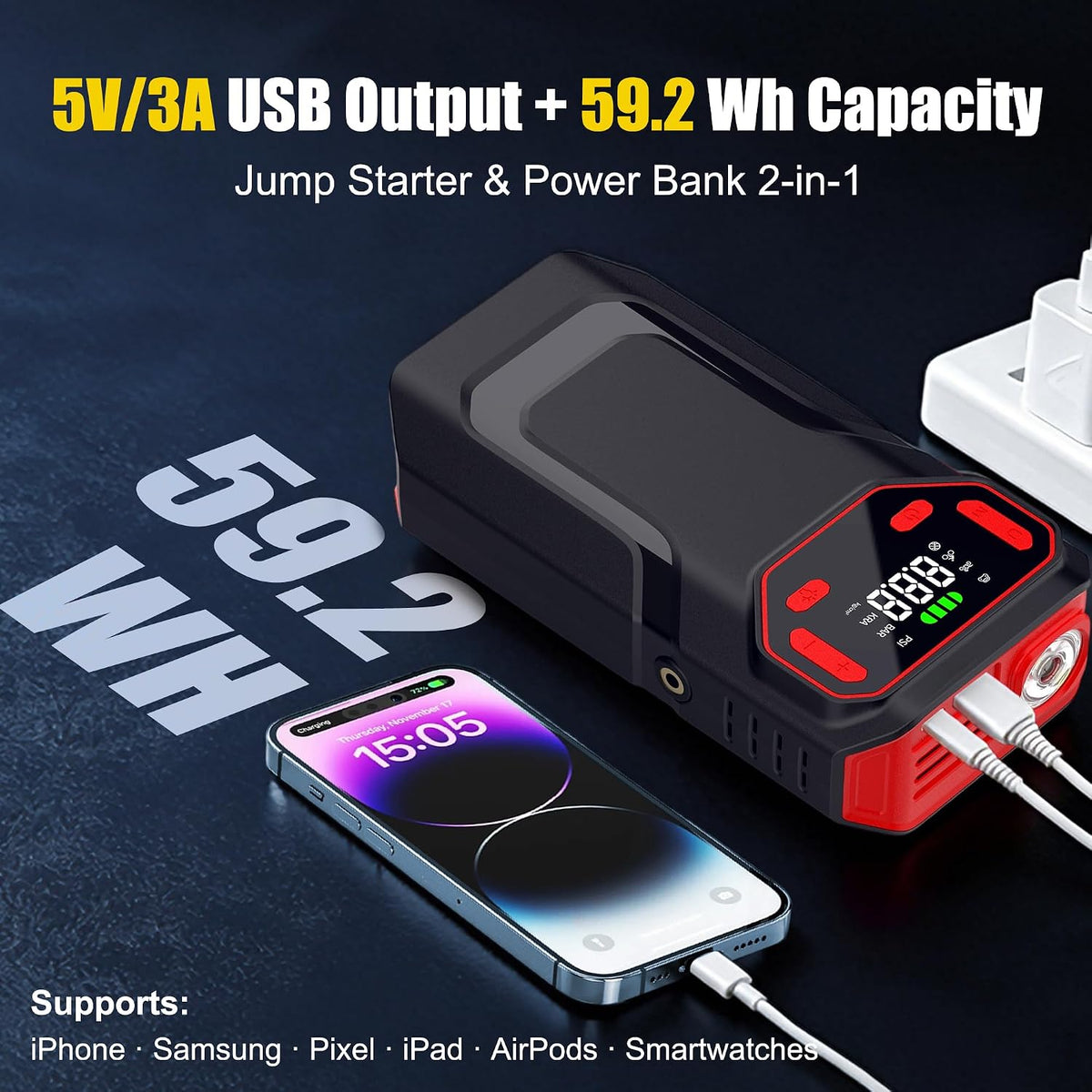 10-in-1 Jump Starter with Air Compressor,5000A Battery Jump Pack 150PSI