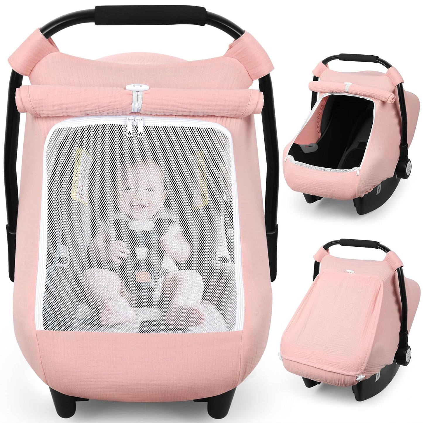 Rquite Car Seat Cover Baby, Carseat Covers Girl Boy, Breathable Muslin Cotton, Large Mesh Window, Infant Car Seat Canopy Baby Carrier Cover Stroller Sun Shade for Summer & Hot Day, Pink