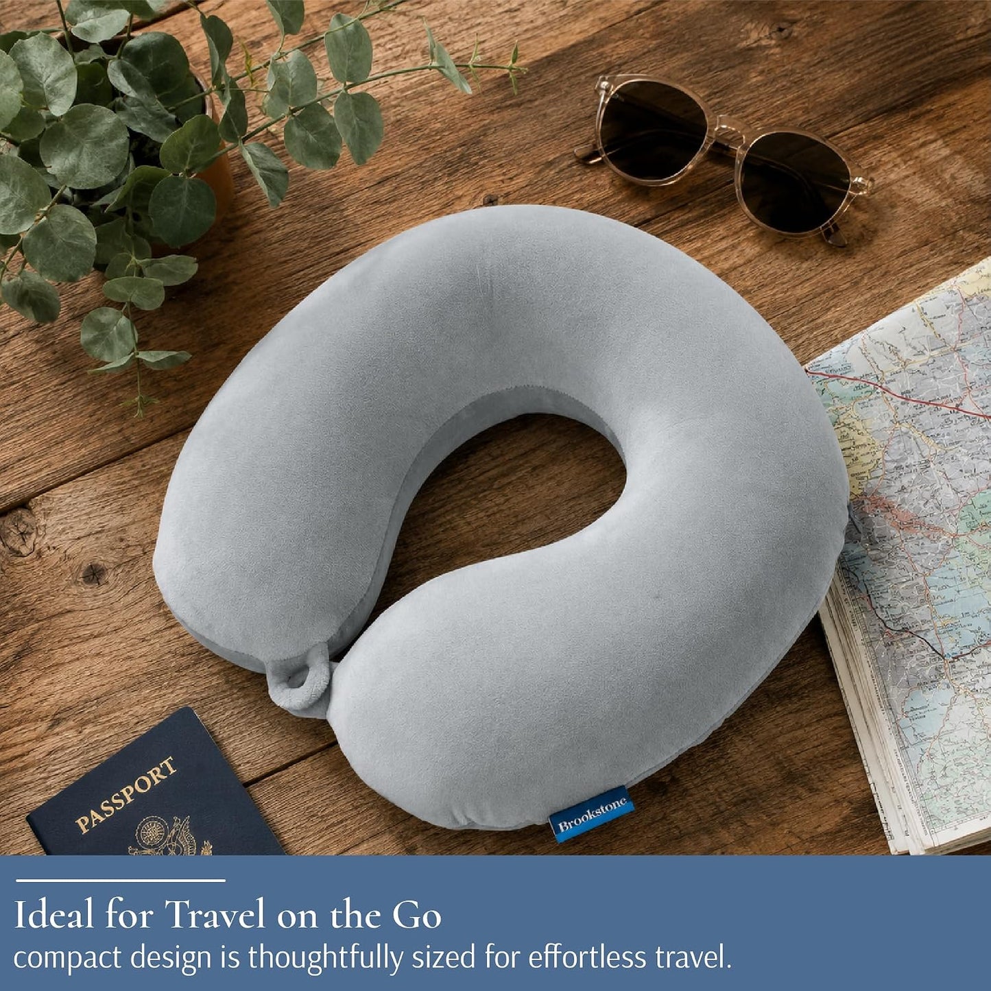 Brookstone Travel Neck Pillow - Lightweight U-Shaped Memory Foam Travel Pillow for Airplane, Car Travels & Sleeping, Grey