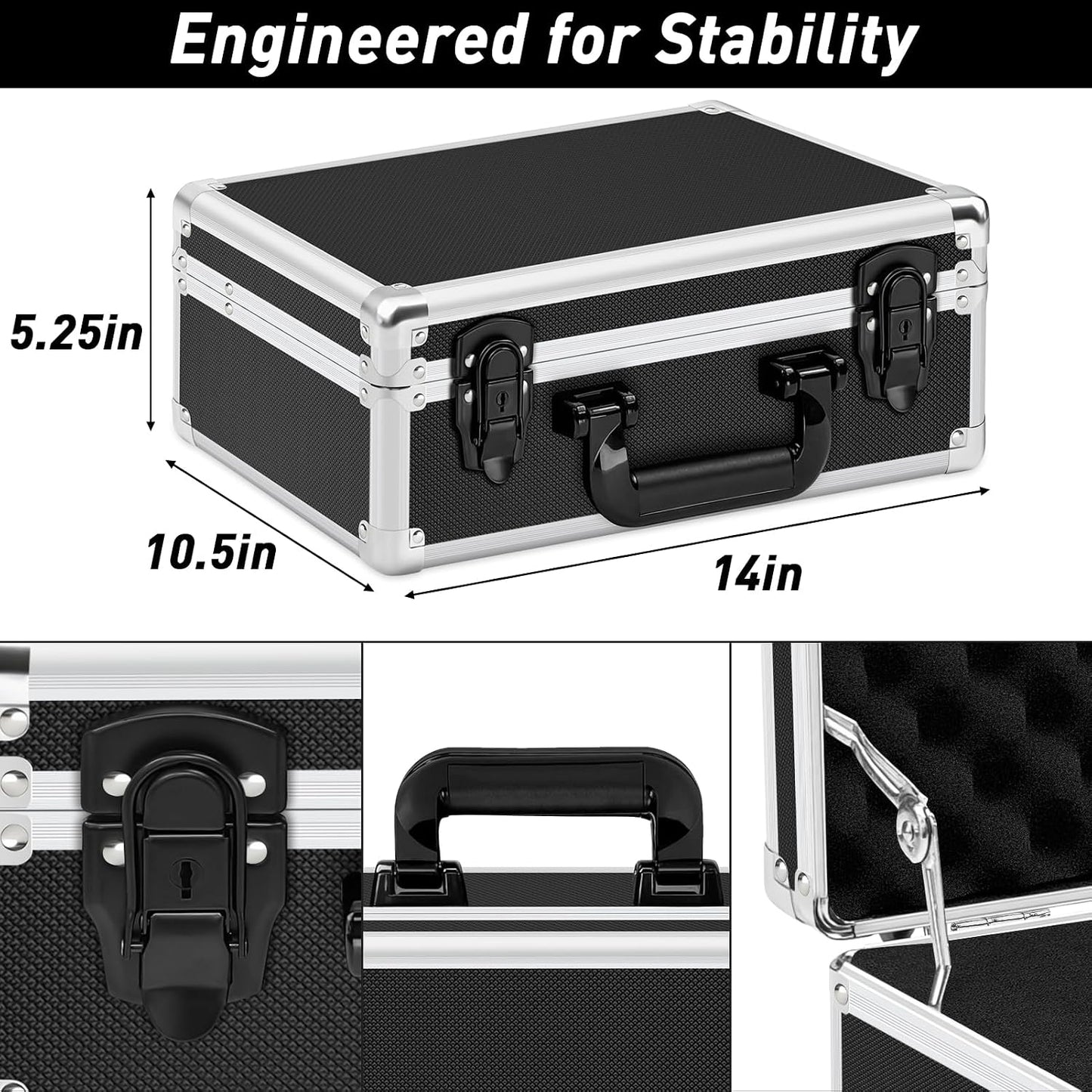Fukumi 14 Inch Aluminum Hard Case with Customizable Foam – Heavy-Duty Protective Carrying Case for Wireless Microphone Systems, Camera Gear, and Electronics – Black