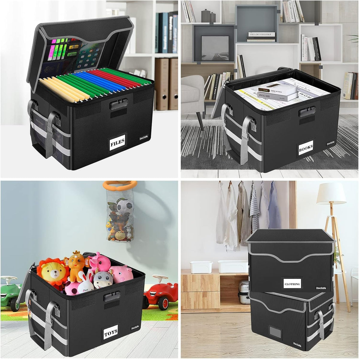 DocSafe Fireproof Document Box with Lock,File Storage Organizer with Pockets,Collapsible Portable File Box Home Office Safe Filing Cabinet with Handle for Hanging Letter/Legal Folders,Black,2 Pack