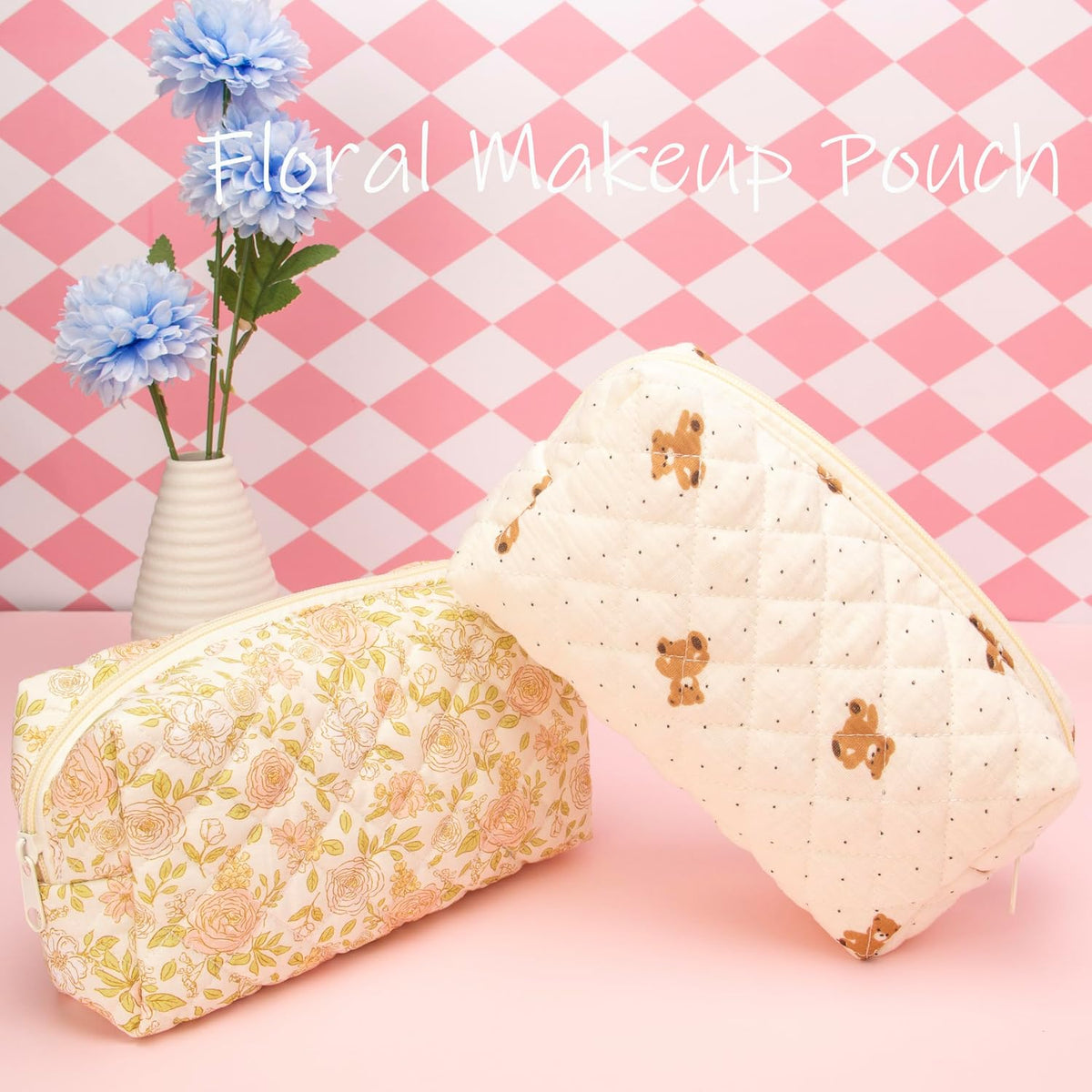 PAZIMIIK Small Quilted Makeup Bag,Zipper Cosmetic Pouch,Gauze Bear,6 Pack
