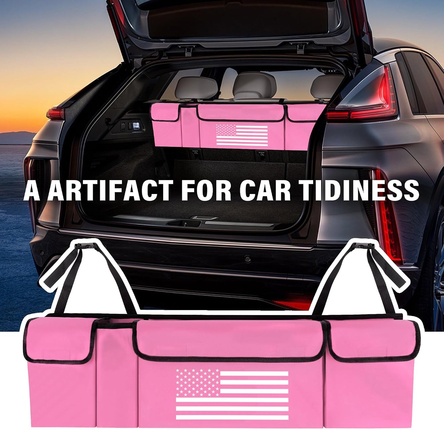 Turcee Car Trunk Organizer,Large Capacity Car Storage Organizer with US Flag Design,Hanging Foldable Car Organizers and Storage Car Interior Accessories (Pink)