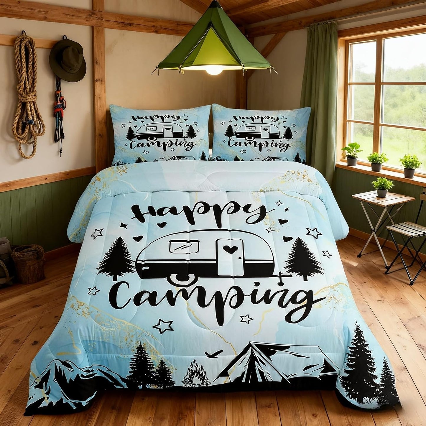 Manfei Happy Camping Camper Kids Comforter Set Twin Size,Star Pine Tree Mountain Bedding Set,Girls Boys Room Decor,Rustic Farmhouse Cabin Quilt Comforter,Blue Country Duvet Insert,1 Pillowcase