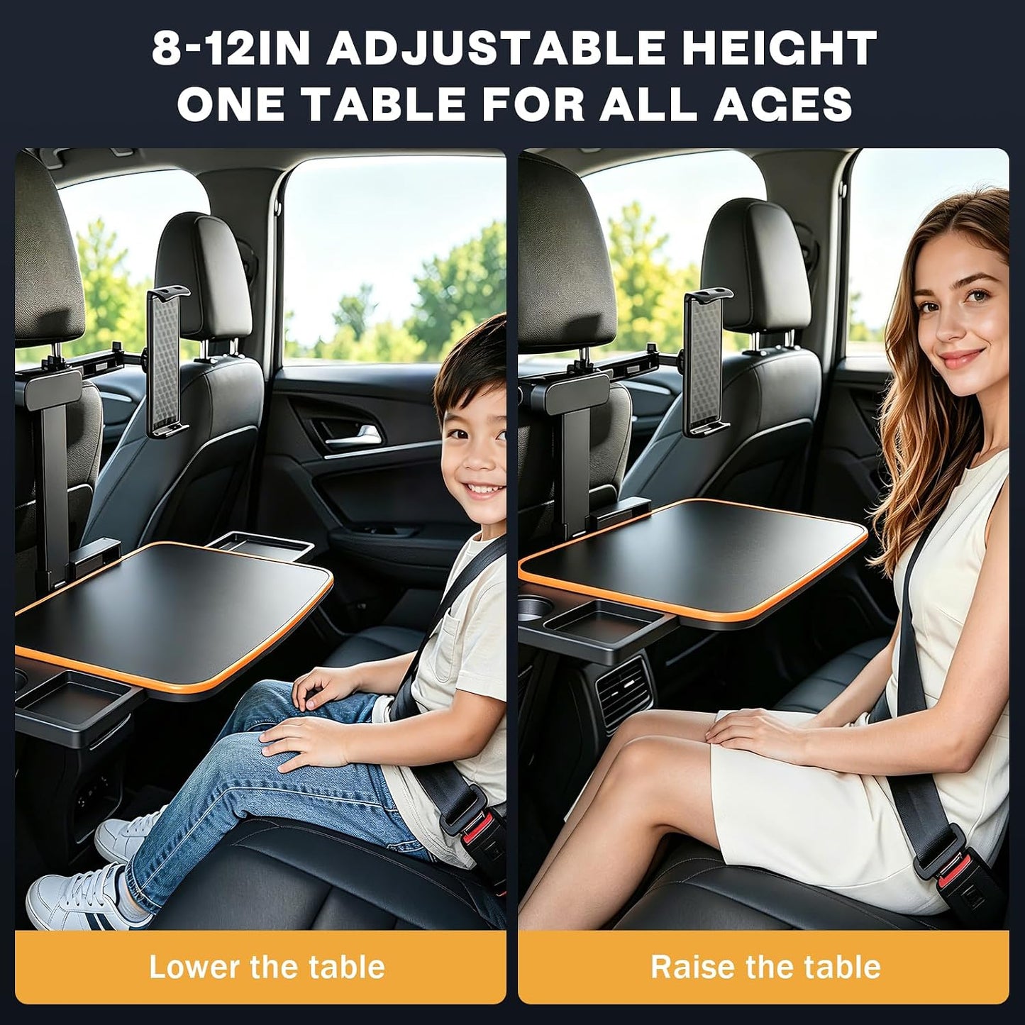 Large Car Tray Table for Back Seat, Foldable Car Desk for Laptop with Adjustable Height, Hidden Cup Holder & Phone Holder, Heavy Duty Travel Food Tray for Eating Working Road Trips (Orange)