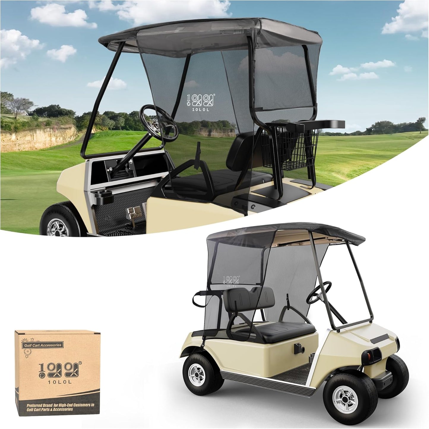 10L0L 2 Passenger Golf Cart Sun Shade Cover for EZGO TXT RXV & Club Car DS Precedent Tempo - Foldable UV Protection Cover Heat Blocking Design, Black