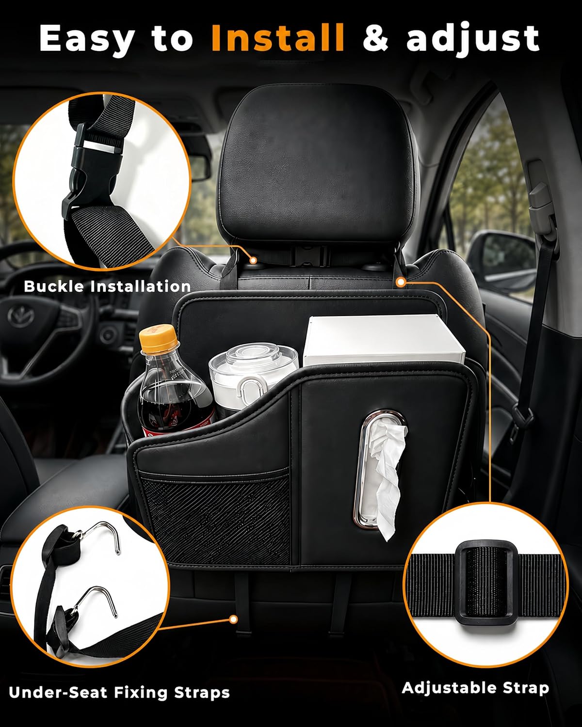 Car Tissue Holder, Leather Back Seat Organizer with Cup Holder & 2 Hooks