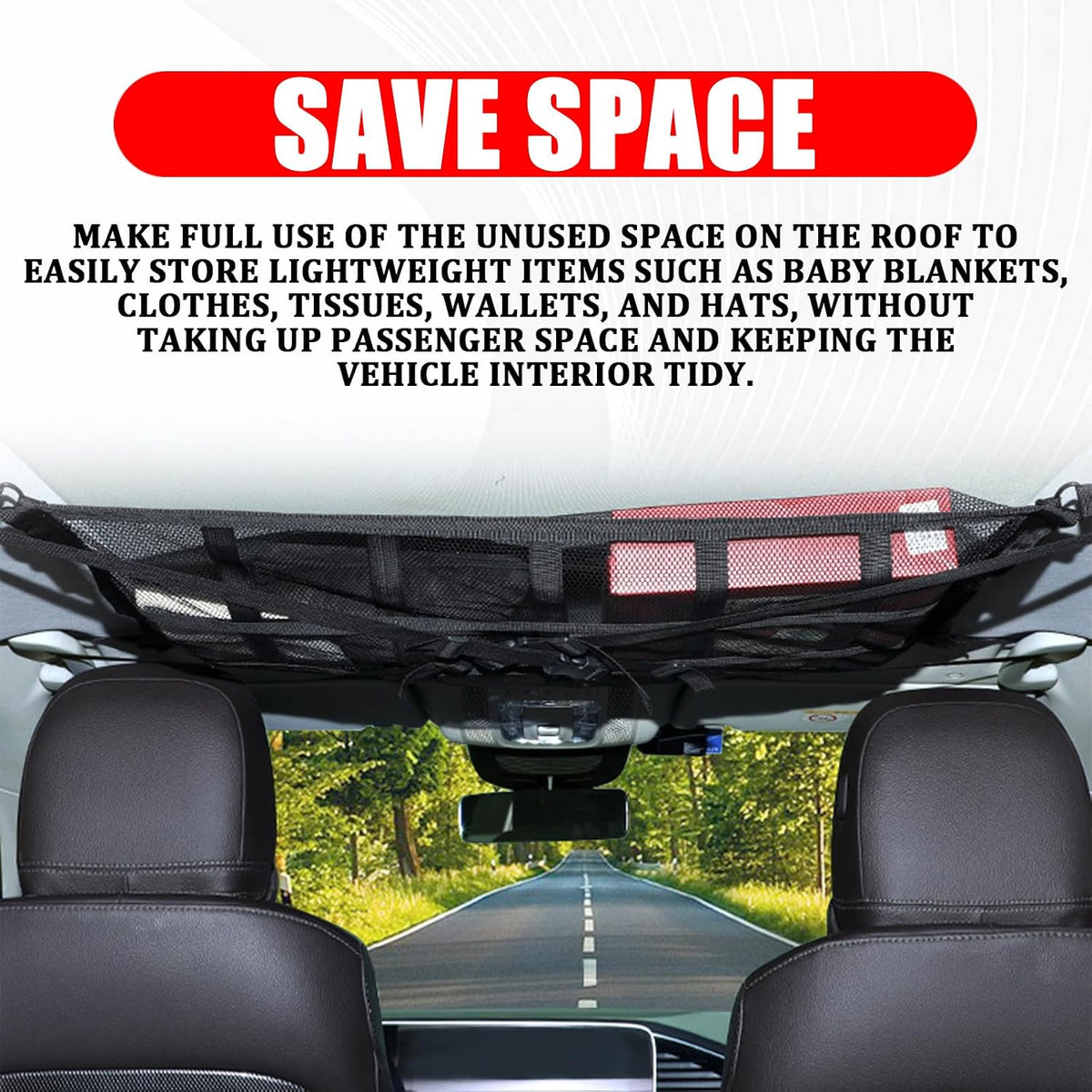Car Ceiling Cargo Net, 31.5" x 21.6" Double Layer Overhead Storage Organizer, Adjustable Roof Mesh Pocket with Buckle Straps, Universal Auto Accessory for SUVs, Camping, Travel, Road Trips