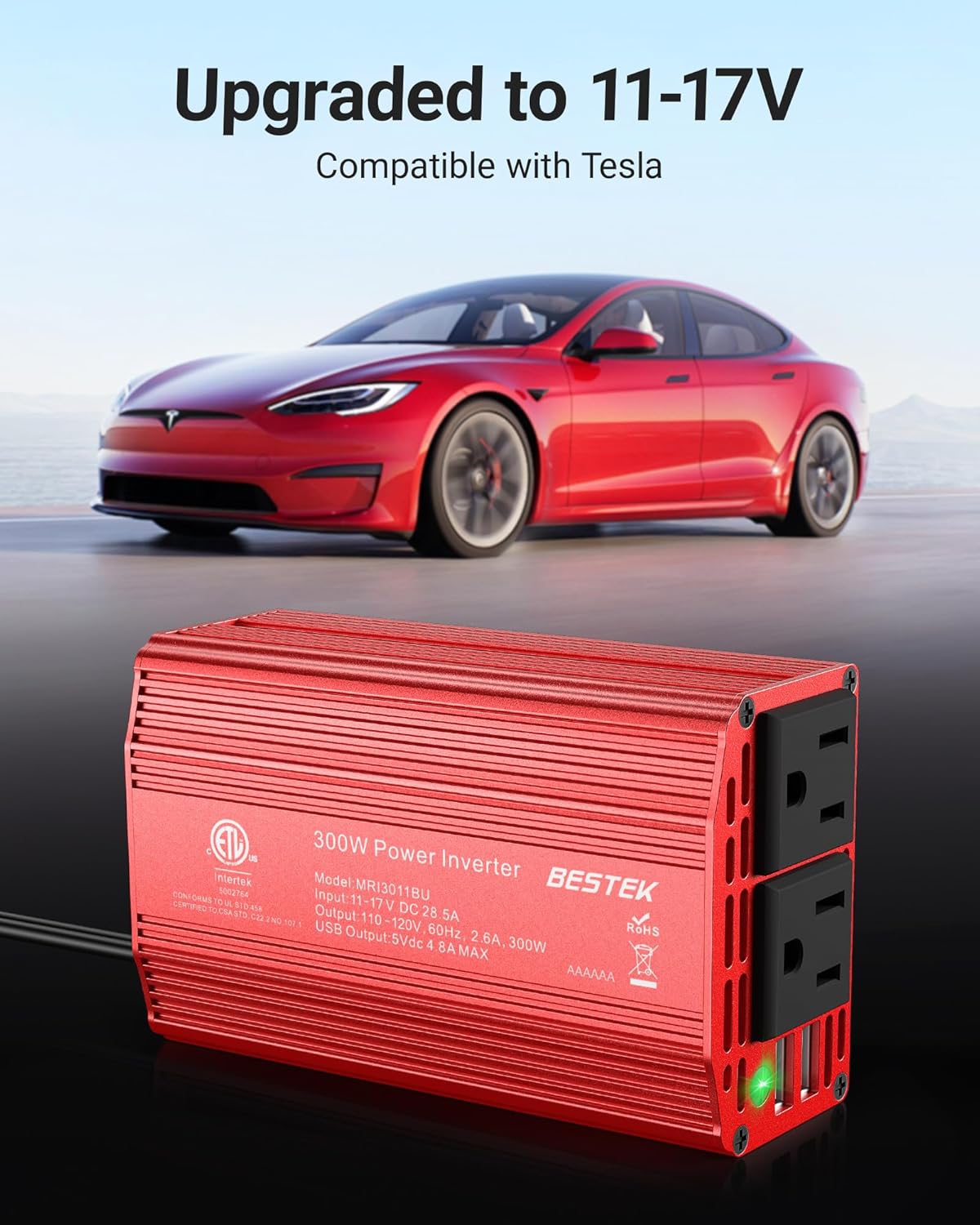 BESTEK Power Inverter DC 12V to AC 110V - 300W Car Plug Adapter Outlet with 4.8A Dual USB Fast Charging Port - Car Charger Cigarette Lighter Adapter for Phone, Laptop on Road Trip - Aluminum Housing