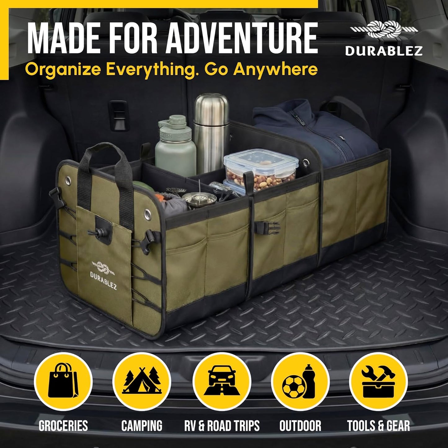 Heavy Duty 3-Section Trunk Organizer – Extra Large Collapsible &amp; Foldable Cargo Box, Modular Car Storage System for SUV, Truck, Van – Green